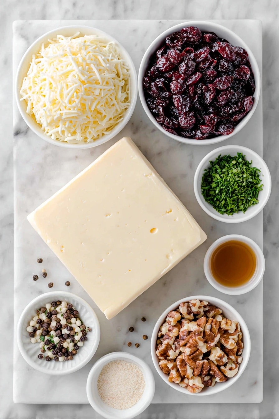 Flat lay of two blocks of cream cheese with smooth, creamy surfaces, a small pat of salted butter softened and slightly glossy, a small white bowl filled with shredded white cheddar and Monterey Jack cheese, a small white bowl holding dark reddish finely chopped dried cranberries, a small white bowl with coarsely chopped mixed nuts showing varied textures and browns, a small white bowl containing finely diced fresh green herbs, a small white bowl with amber Worcestershire sauce, a small white bowl of pale garlic powder, a small white bowl of pale beige onion powder, and a few scattered black peppercorns, all arranged with perfect symmetry on a clean white marble surface, soft natural light, photo taken with an iPhone, professional food photography style, fresh ingredients, white ceramic bowls, no bottles, no duplicates, no utensils, no packaging --ar 2:3 --v 7 --p m7354615311229779997 - Cheese Ball Wreath appetizer, festive cheese ball recipe, holiday cheese appetizer, easy cheese appetizer, cheese wreath for parties