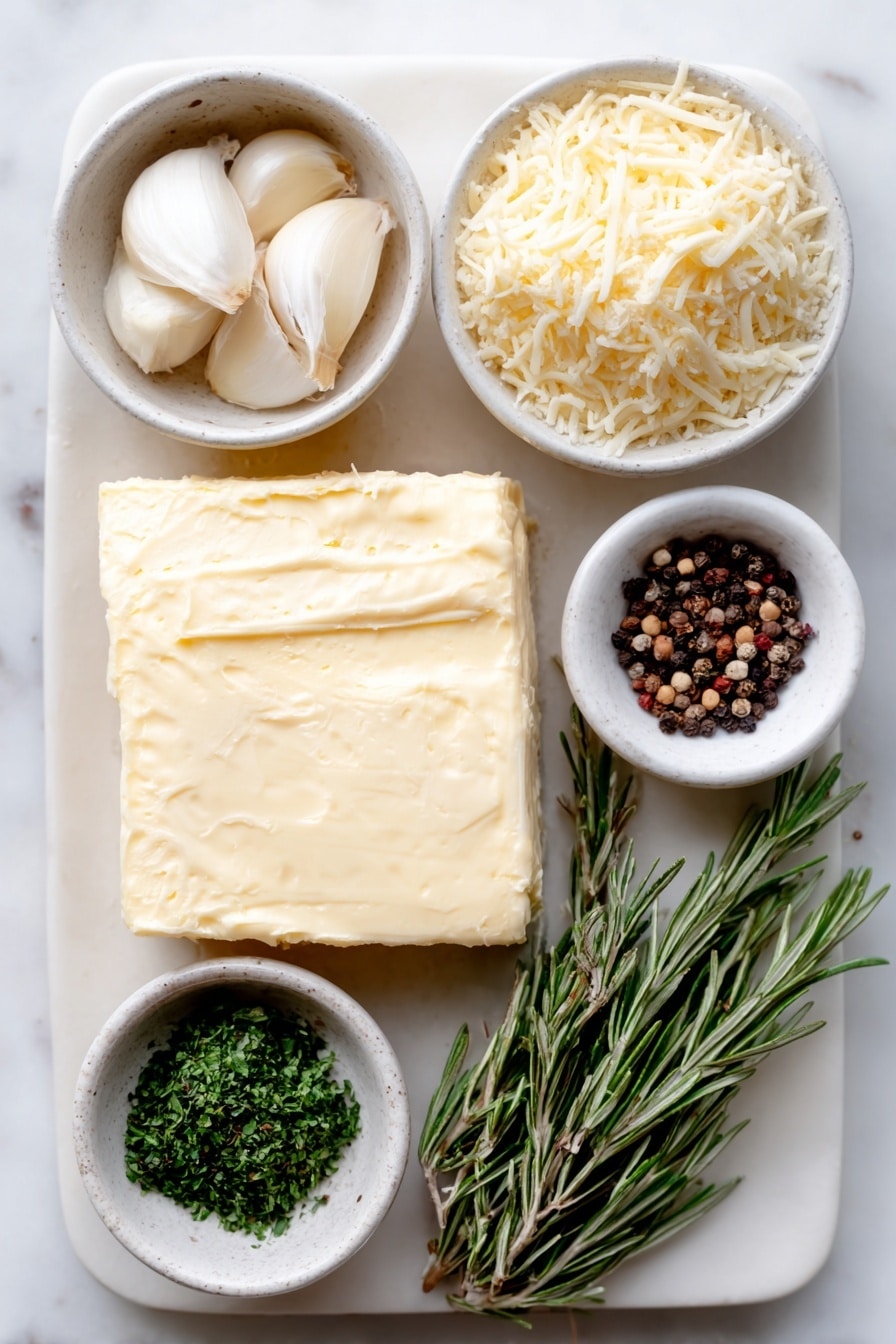 Flat lay of a small mound of grated white cheddar cheese, a chunk of smooth cream cheese, a pat of softened butter, four peeled garlic cloves, a small bunch of fresh chopped parsley, a white ceramic bowl with onion powder, a white ceramic bowl with kosher salt, a white ceramic bowl with cracked black pepper, ten whole black peppercorns arranged neatly, a thin whole baby carrot, and two sprigs of fresh rosemary placed symmetrically, all arranged on a simple white ceramic plate and bowls, placed on a clean white marble surface, soft natural light, photo taken with an iPhone, professional food photography style, fresh ingredients, white ceramic bowls, no bottles, no duplicates, no utensils, no packaging --ar 2:3 --v 7 --p m7354615311229779997 - Snowman Cheeseball, festive cheeseball appetizer, holiday cheese ball, winter party dip, cute holiday appetizer