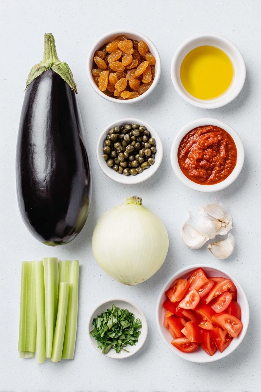 Flat lay of one whole fresh eggplant with glossy deep purple skin, a small white ceramic bowl of golden raisins, a small white ceramic bowl of dark green capers, a small white ceramic bowl with deep red sherry vinegar, a small white ceramic bowl of golden extra-virgin olive oil, half a medium yellow onion with bright layers visible, a single crisp celery stalk diced into small pieces, one vibrant red bell pepper diced, a few grains of coarse sea salt sprinkled nearby, a small white ceramic bowl with thick smooth tomato paste, three whole garlic cloves with papery skins intact, four medium ripe tomatoes diced with bright red flesh and seeds, a small white ceramic bowl of light golden cane sugar, a small pile of freshly chopped bright green parsley, a few fresh basil leaves with rich green color as garnish, several twists of freshly ground black pepper placed artistically, and a stack of toasted crostini slices with golden crusts all arranged with perfect symmetry on a clean white marble surface, soft natural light, photo taken with an iPhone, professional food photography style, fresh ingredients, white ceramic bowls, no bottles, no duplicates, no utensils, no packaging --ar 2:3 --v 7 --p m7354615311229779997 - Eggplant Caponata, Mediterranean Eggplant Appetizer, Sicilian Eggplant Dish, Vegan Eggplant Snack, Tangy Eggplant Side Dish