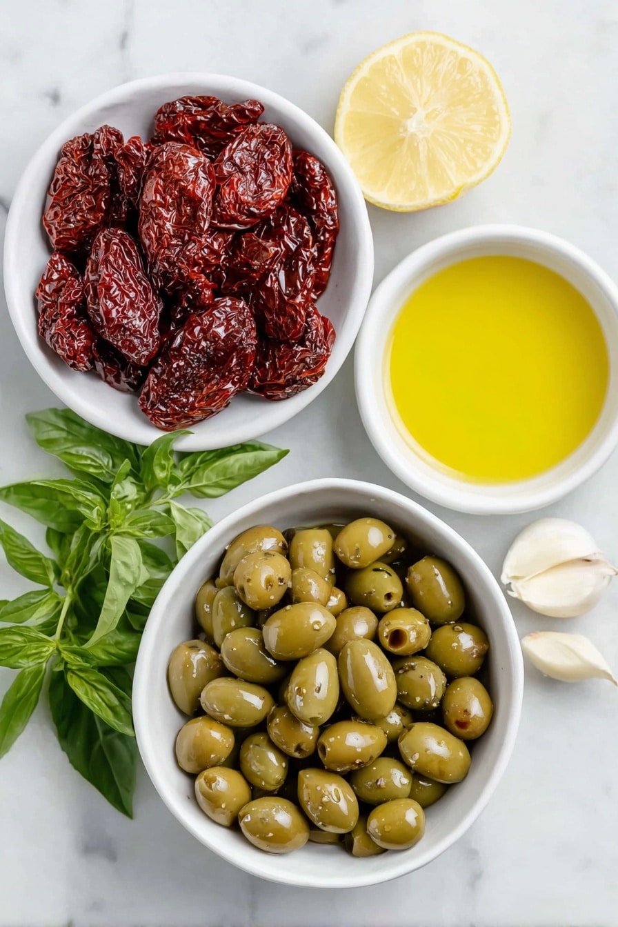 Flat lay of a small pile of mixed kalamata and green olives, four plump oil-packed sun-dried tomatoes, a small white bowl of golden extra-virgin olive oil, a small white bowl filled with briny capers, a small white bowl holding fresh bright lemon juice, a single whole garlic clove with smooth papery skin, and a small bunch of fresh green basil leaves arranged neatly, all placed on a clean white marble surface, soft natural light, photo taken with an iPhone, professional food photography style, fresh ingredients, white ceramic bowls, no bottles, no duplicates, no utensils, no packaging --ar 2:3 --v 7 --p m7354615311229779997 - Easy Olive Tapenade, olive tapenade, homemade tapenade, Mediterranean dip, quick savory spread