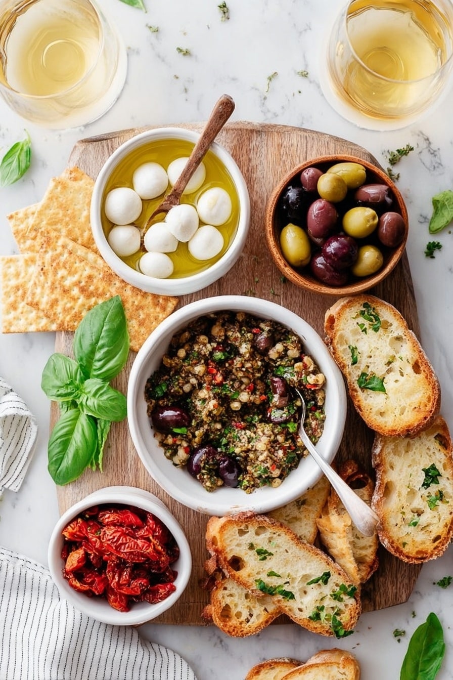 The image shows a wooden board topped with an assortment of appetizers placed on a white marbled surface. On the board, there is a white bowl filled with a chunky herb and olive tapenade that includes chopped green and black olives, herbs, and sun-dried tomatoes, with a small wooden spoon resting inside. Surrounding the bowl are thin rectangular crackers, and a few bright green basil leaves are scattered near them. A small white bowl holds marinated mozzarella balls in olive oil with herbs, and another small white bowl contains red sun-dried tomatoes. There is also a small wooden bowl filled with a mix of green and black olives. Toasted slices of bread with a golden crust and sprinkled parsley are arranged on the board, a silver spoon resting inside the mozzarella bowl. To the side, a woman's hand is barely visible near a white and gray striped cloth. Two glasses with pale yellow liquid sit nearby, completing the fresh and inviting presentation. Photo taken with an iphone --ar 2:3 --v 7 - Easy Olive Tapenade, olive tapenade, homemade tapenade, Mediterranean dip, quick savory spread