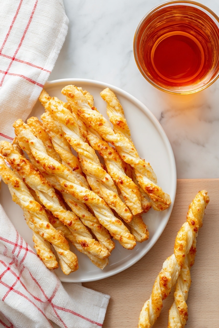 The image shows a white round plate filled with several twisted yellow fried snacks that have a crunchy texture and slight browning spots. Two twisted pieces lie outside the plate on a light wooden surface, which is described as a white marbled texture. On the left side, there is a white cloth with a red checkered pattern partially folded. On the top right, there is a glass filled with an orange-brown liquid, possibly tea. The overall setting is bright and simple. photo taken with an iphone --ar 2:3 --v 7 - Cheese Straws crispy snacks, savory cheese snacks, cheesy appetizer ideas, easy cheese snack recipe, homemade cheese straws