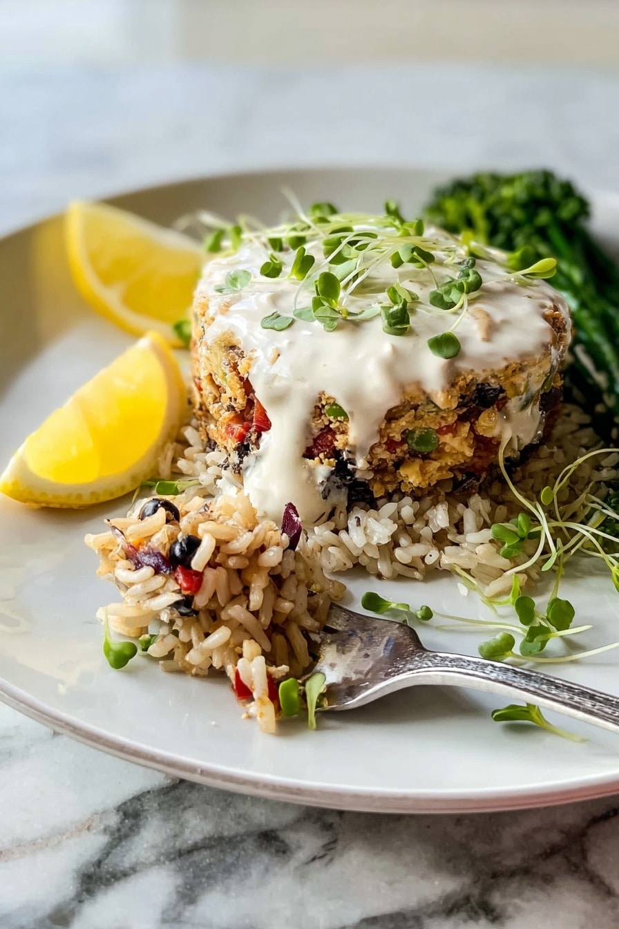 The image shows a white plate with a dish made of three main parts: at the bottom is a layer of finely cooked quinoa that looks light beige with tiny dark specks; on top is a thick, round patty mixed with small red and purple bits, giving it a slightly bumpy texture and golden brown edges; on the patty is a dollop of creamy white sauce decorated with small green leaves and sprouts. Near the top of the plate, there are bright green broccolini stalks arranged side by side, and at the bottom left, two lemon wedges with a bright yellow rind and pale yellow flesh sit on the plate. The plate is placed on a white marbled textured surface. photo taken with an iphone --ar 2:3 --v 7 - Hearts of Palm Crab Cakes, plant-based crab cakes, vegan crab cakes recipe, easy seafood alternative recipes, flaky vegetable cakes