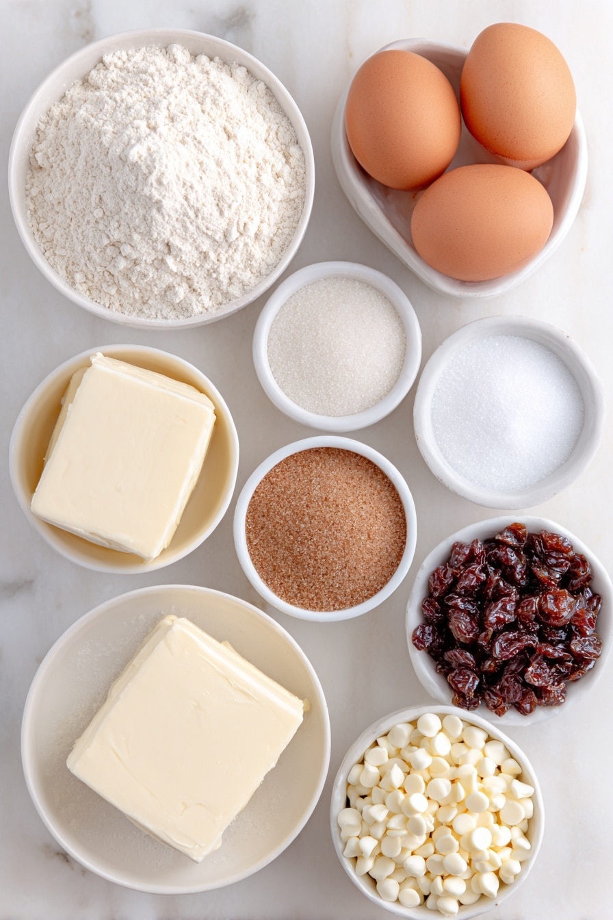 Flat lay of a small mound of plain white flour, a heap of fine white baking soda powder, a tiny pile of pale baking powder, a small pinch of coarse salt crystals, a square of soft creamy butter, a small white bowl filled with granulated white sugar, a small white bowl filled with packed light brown sugar, two large whole eggs with clean shells, a small white bowl holding clear vanilla extract, a small white bowl brimming with glossy white chocolate chips, and a small white bowl filled with plump dried cranberries, all arranged in perfect symmetry on a clean white marble surface, soft natural light, photo taken with an iPhone, professional food photography style, fresh ingredients, white ceramic bowls, no bottles, no duplicates, no utensils, no packaging --ar 2:3 --v 7 --p m7354615311229779997 - White Chocolate Cranberry Cookies, Cranberry White Chocolate Cookies, Easy White Chocolate Cranberry Cookies, Soft Cranberry Cookies, Holiday Cookie Recipe