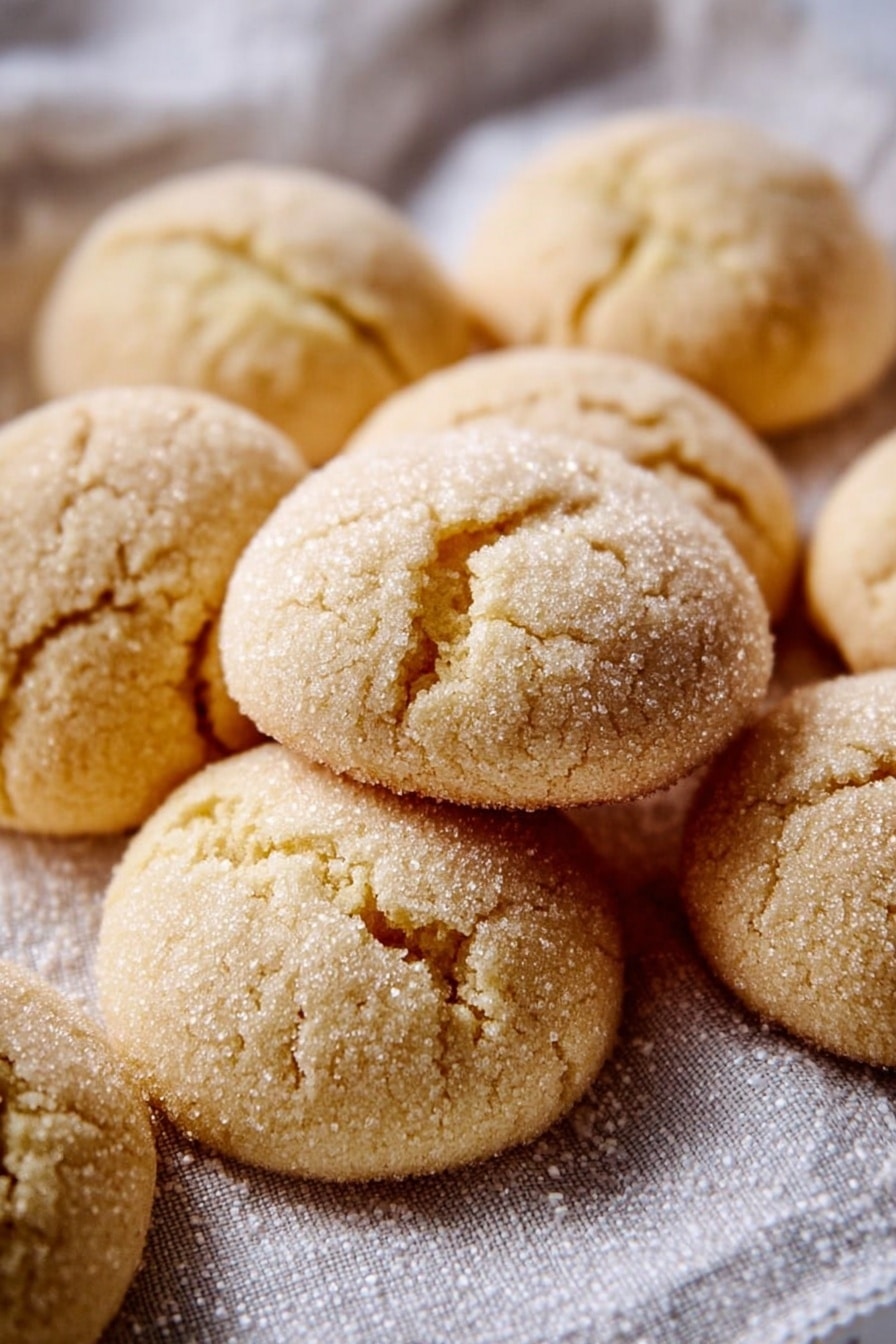 The image shows a close-up of nine soft, round cookies with a light golden color, each covered in a fine layer of sugar crystals that give a sparkling effect. The cookies have a cracked top surface with rough edges where the cracks separate, revealing a slightly darker shade underneath. They are arranged on a white textured cloth, which contrasts with the cookies’ smooth, grainy surface. The background is softly blurred but continues with the white marbled texture theme. photo taken with an iphone --ar 2:3 --v 7 - Soft Amaretti Cookies, almond cookies, chewy amaretti recipe, homemade almond cookies, Italian amaretti treats