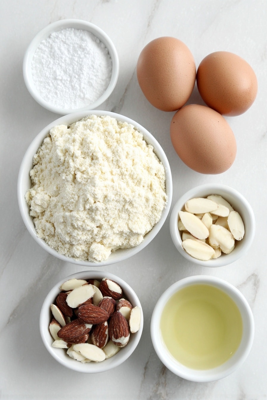 Flat lay of blanched almond flour in a small white ceramic bowl, powdered sugar in a separate small white ceramic bowl, a pinch of salt in a tiny white ceramic bowl, two whole large brown eggs with clean shells, sliced blanched almonds arranged neatly on the surface, a small white ceramic bowl with clear almond extract, a small white ceramic bowl with translucent rose water, placed on a clean white marble surface, soft natural light, photo taken with an iPhone, professional food photography style, fresh ingredients, white ceramic bowls, no bottles, no duplicates, no utensils, no packaging --ar 2:3 --v 7 --p m7354615311229779997 - German Marzipan Cookies, Bethmännchen, German holiday cookies, almond cookies recipe, traditional German sweets