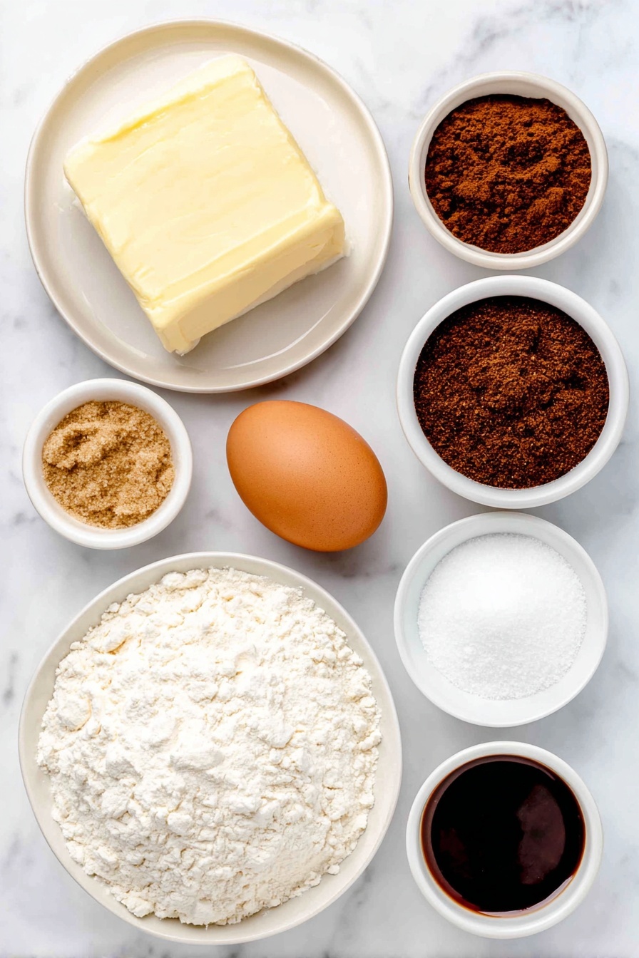 Flat lay of a small mound of all-purpose flour on a simple white ceramic plate, a small white bowl filled with ground cinnamon, a separate small white bowl holding ground allspice, another small white bowl containing freshly ground nutmeg, a small white bowl with freshly ground black pepper, a small white bowl with ground cloves, a tiny pile of baking soda on the white plate beside the flour, a pinch of salt arranged neatly on the plate, a thick slab of unsalted butter with a smooth surface on a white ceramic dish, a small heap of light brown sugar on a small white bowl, a small white bowl filled with dark unsulfured molasses, one large whole brown egg with a clean shell placed centrally, a small white bowl containing anise extract liquid, and a small white bowl of fine white confectioners' sugar—all items arranged in perfect symmetry, realistic proportions, fresh and natural, placed on a clean white marble surface, soft natural light, photo taken with an iPhone, professional food photography style, fresh ingredients, white ceramic bowls, no bottles, no duplicates, no utensils, no packaging --ar 2:3 --v 7 --p m7354615311229779997 - Pfeffernüsse Holiday Spiced Cookies, holiday cookies with warm spices, German spiced cookie recipe, peppermint gingerbread cookies, festive holiday treat