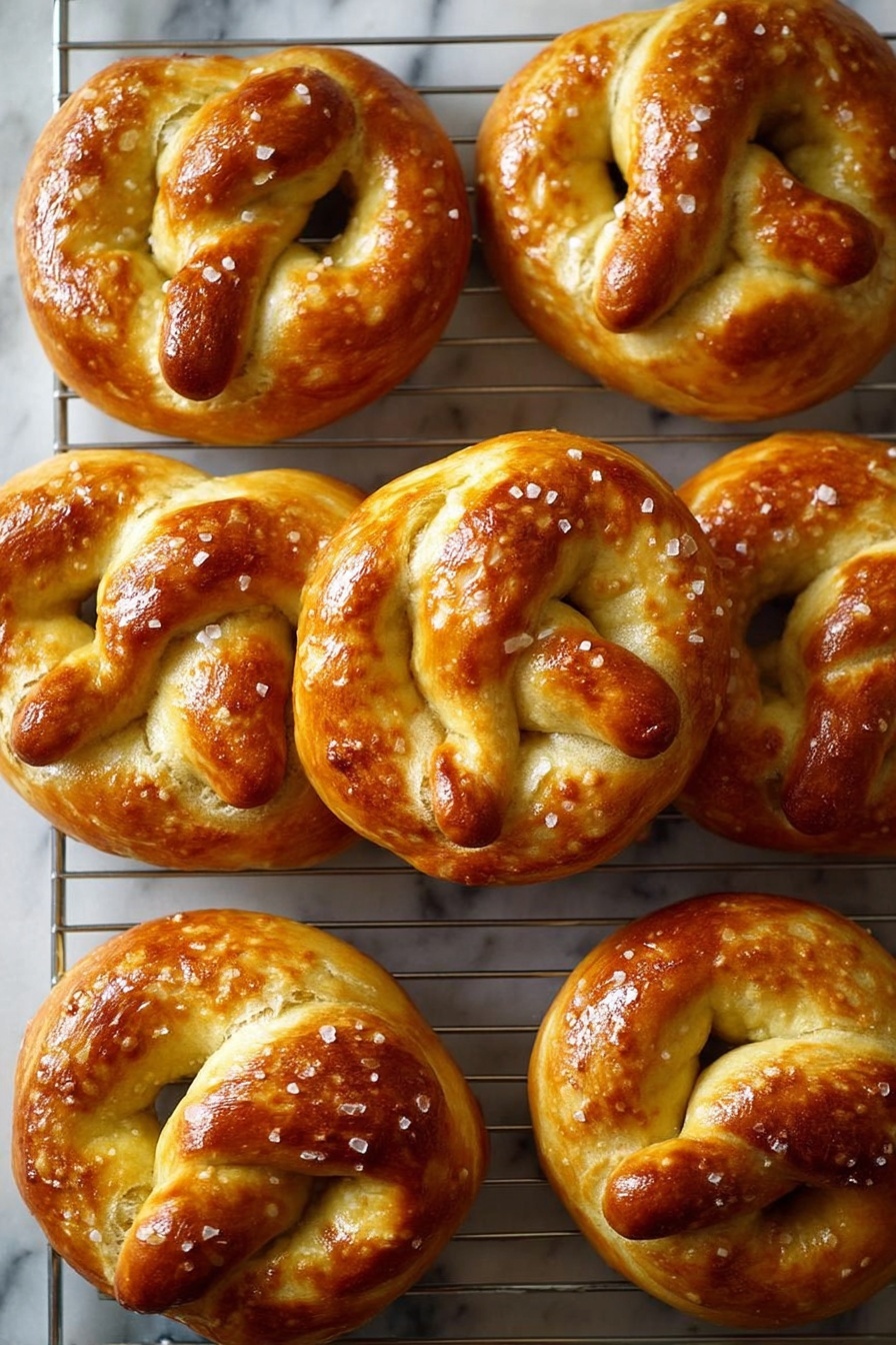 The image shows a close-up of eight shiny golden brown soft pretzels arranged in two rows on a cooling rack. Each pretzel has a smooth, glossy surface with a slightly crispy texture and light sprinkles of coarse salt. The dough is twisted into the classic pretzel shape with plump, rounded loops and a thick central knot, displaying a rich golden color from baking. The background is a white marbled texture. photo taken with an iphone --ar 2:3 --v 7 - Homemade Soft Pretzels, soft pretzels recipe, easy pretzels, bakery-style pretzels, homemade pretzels