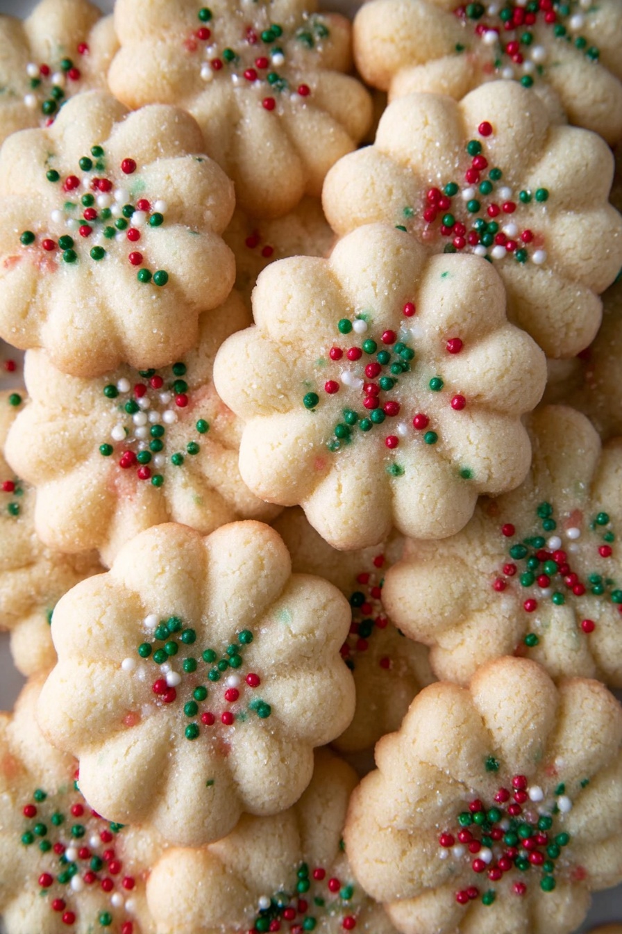 A pile of light golden brown, flower-shaped cookies is shown, each cookie having a soft, slightly crumbly texture with gentle ridges creating petal-like segments. The cookies are topped with small round sprinkles in Christmas colors: red, green, and white, scattered evenly across the surface. The cookies overlap each other closely, filling the entire frame, with the edges showing a slight browning. The background is a white marbled texture. photo taken with an iphone --ar 2:3 --v 7 - Almond Spritz Cookies, Almond Spritz Cookies recipe, easy spritz cookies, buttery almond cookies, holiday spritz cookies