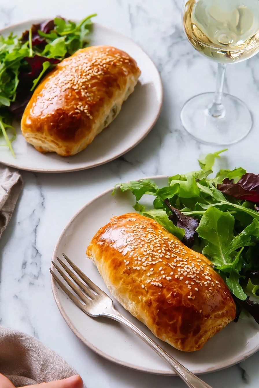 Two golden brown pastries with a shiny, flaky crust sprinkled with sesame seeds sit on white plates. Each pastry is shaped like a small loaf and positioned on the left side of the plates. On the right side of each plate is a fresh green salad made of mixed leafy greens, adding vibrant color and texture. The plates rest on a white marbled surface, and in the background, there is a glass of light-colored wine, adding a touch of elegance. A woman's hand holds a fork beside one plate, ready to eat, photo taken with an iphone --ar 2:3 --v 7 - Salmon Wellington with Cream Cheese Filling, Salmon Wellington, Cream Cheese Salmon Wellington, Elegant Salmon Dinner, Savory Salmon Pastry