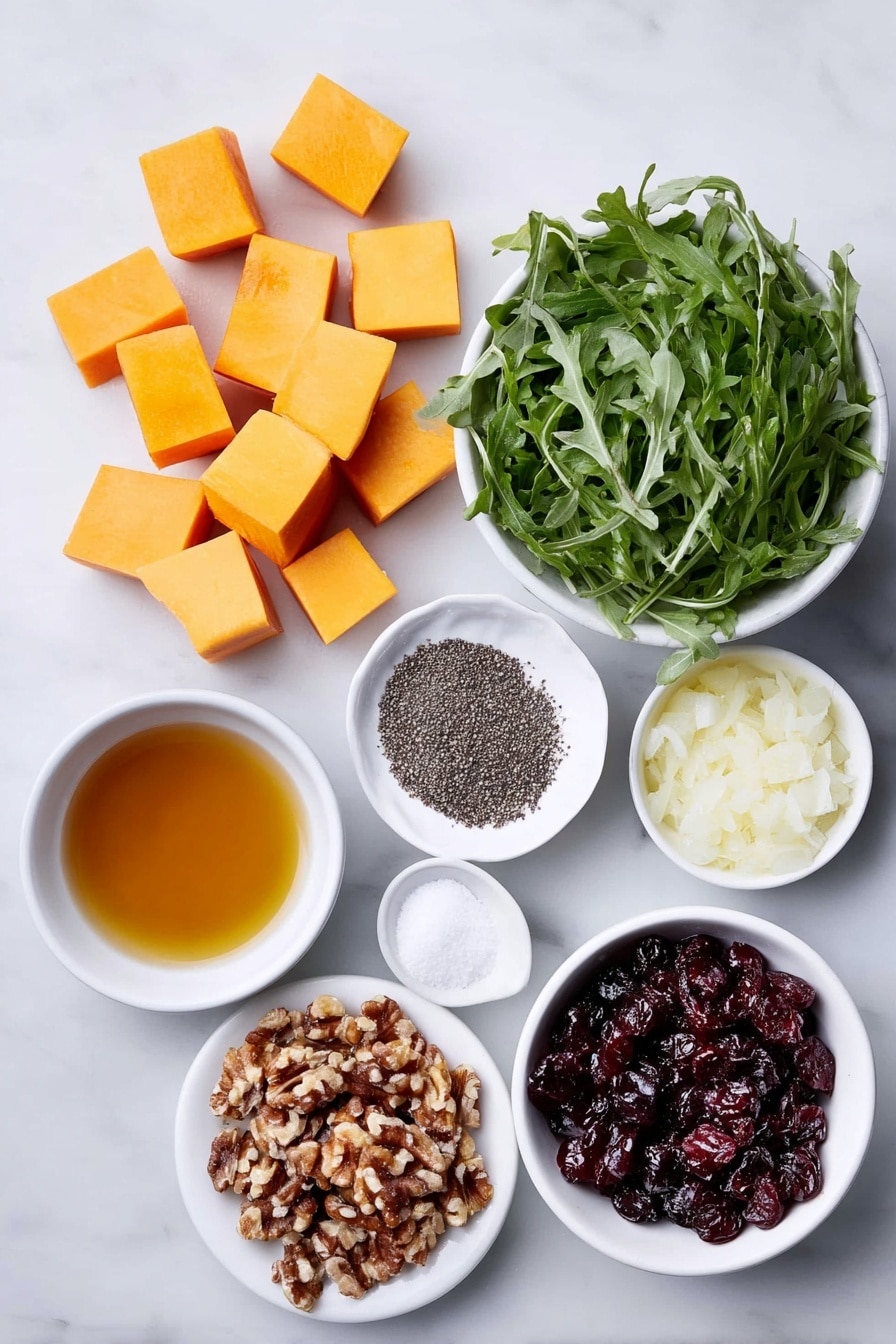 Flat lay of a small pile of peeled and diced butternut squash cubes, a small white bowl of amber maple syrup, a small white bowl filled with golden olive oil, a small white bowl of coarse Kosher salt crystals, a small white bowl with coarsely ground black pepper, a small heap of dried cranberries, a small white bowl filled with clear pale golden apple juice, a small white bowl containing translucent minced shallots, a small white bowl of smooth Dijon mustard, a lush bunch of fresh green arugula leaves, a small pile of toasted walnut halves, and a small white bowl with delicate shavings of Parmesan cheese placed on a clean white marble surface, soft natural light, photo taken with an iPhone, professional food photography style, fresh ingredients, white ceramic bowls, no bottles, no duplicates, no utensils, no packaging --ar 2:3 --v 7 --p m7354615311229779997 - Butternut Squash Salad with Apple Cider Vinaigrette, fall salad recipes, healthy squash salads, roasted butternut squash recipes, seasonal salad ideas