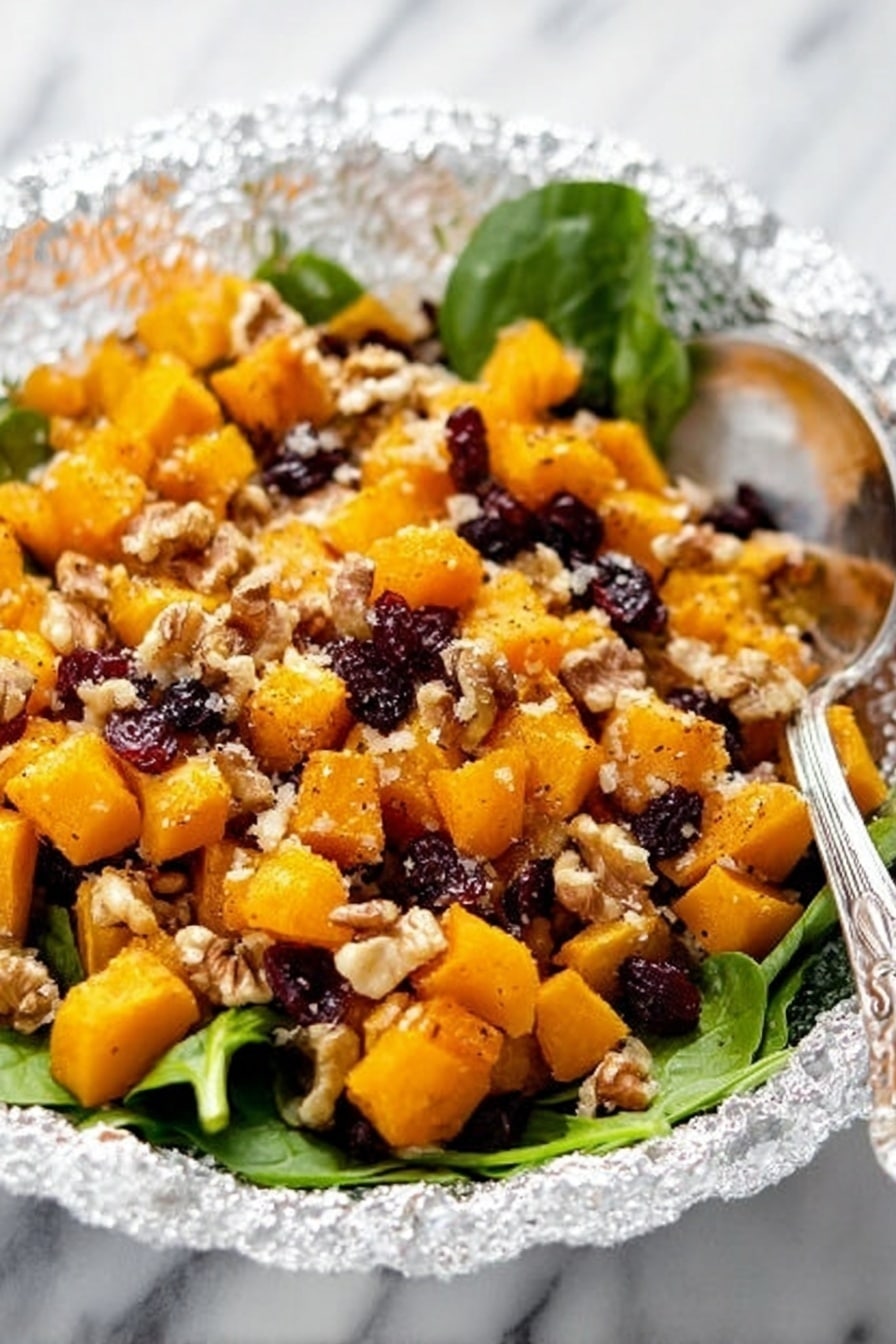 The dish is served in a white ornate glass bowl filled with bright orange cubes of roasted squash spread evenly on top of a layer of green leafy spinach. Scattered on the squash are dark red dried cranberries and whole light brown walnuts, adding texture and color contrast. The surface under the bowl is white marble. In one corner of the bowl, a silver spoon with a detailed handle is resting on the edge. Photo taken with an iphone --ar 2:3 --v 7 - Butternut Squash Salad with Apple Cider Vinaigrette, fall salad recipes, healthy squash salads, roasted butternut squash recipes, seasonal salad ideas