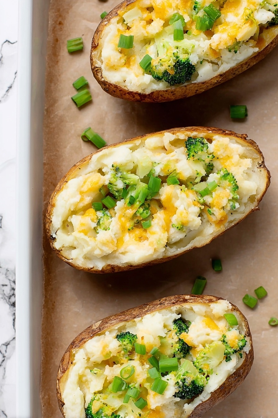 The image shows a white plate with seven potato halves layered with creamy mashed potato filling topped with melted golden-yellow cheddar cheese. Each potato half has a crispy brown skin edge visible, with the cheese layer bubbly and slightly browned. Small pieces of chopped green onions are sprinkled evenly on top of the cheese, adding a fresh green color contrast. The plate sits on a white marbled surface with a striped cloth nearby. Photo taken with an iphone --ar 2:3 --v 7 - Twice Baked Potato, baked potato with cheese and garlic, easy appetizer recipes, cheesy twice baked potatoes, crowd-pleasing side dishes