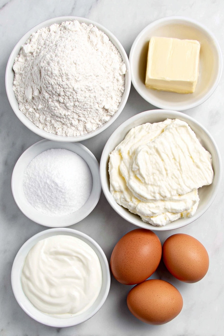 Flat lay of a small white ceramic bowl of white flour, a small white ceramic bowl with a mound of baking powder, a small white ceramic bowl containing baking soda, a small white ceramic bowl of sea salt, a small white ceramic bowl filled with creamy Greek yogurt, a small white ceramic bowl with fresh milk, two whole brown eggs with clean shells, a small white ceramic bowl of melted golden butter, and a small white ceramic bowl holding vanilla extract placed on a clean white marble surface, soft natural light, photo taken with an iPhone, professional food photography style, fresh ingredients, white ceramic bowls, no bottles, no duplicates, no utensils, no packaging --ar 2:3 --v 7 --p m7354615311229779997 - Fluffy Greek Yogurt Pancakes, Greek Yogurt Pancakes, Fluffy Pancake Recipe, Healthy Breakfast Pancakes, Easy Pancake Recipe