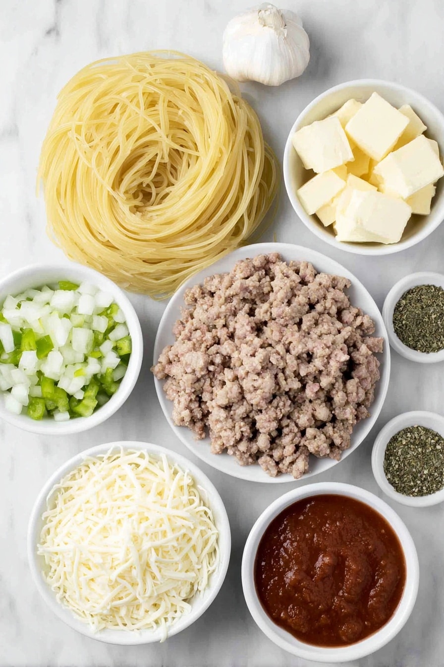 Flat lay of cooked al dente spaghetti noodles neatly twirled, a mound of fresh ground beef crumbles, a small white ceramic bowl of finely diced white onion, a small white ceramic bowl with finely diced green bell pepper, a small white ceramic bowl with golden unsalted butter cubes, four whole uncracked garlic cloves, a small white ceramic bowl of rich red marinara sauce, a small white ceramic bowl of heavy cream, a small white ceramic bowl of shredded parmesan cheese, a small white ceramic bowl of shredded mozzarella cheese, a small white ceramic bowl with a mix of dried herbs and spices including cajun seasoning, garlic powder, onion powder, dried Italian seasoning, kosher salt, black pepper, and a small white ceramic bowl of dried parsley flakes placed symmetrically around the ingredients, all components fresh and natural, simple white ceramic bowls, no bottles, no duplicates, no utensils, no packaging, perfect proportion and balance -- all placed on a clean white marble surface, soft natural light, photo taken with an iPhone, professional food photography style, fresh ingredients, white ceramic bowls, no bottles, no duplicates, no utensils, no packaging --ar 2:3 --v 7 --p m7354615311229779997 - Creamy Alfredo Spaghetti Bake, Alfredo pasta casserole, cheesy baked spaghetti, comforting pasta dinner, easy Alfredo bake
