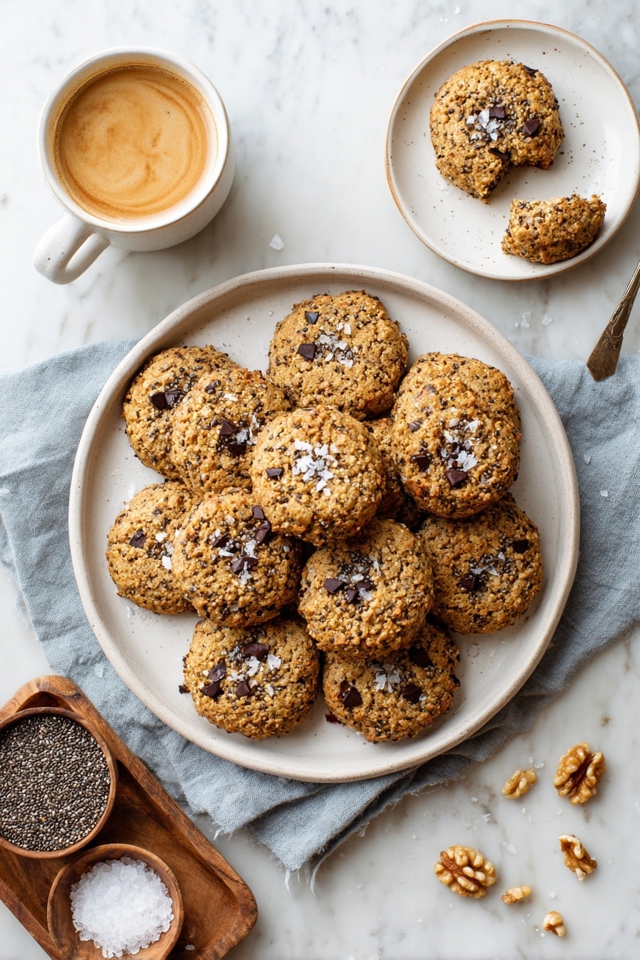 A white round plate holds thirteen thick, round cookies with a rough texture, golden brown in color, studded with scattered dark chocolate chips and sprinkled with coarse white salt on top. The plate sits on a soft blue cloth over a white marbled surface. In the top left corner, a white cup filled with light brown coffee with a swirled foam surface is visible. To the top right, a smaller white plate holds one and a half cookies, one broken to show the inside. On the bottom left, a small brown wooden tray contains light brown walnut pieces and a small white bowl filled with black and white chia seeds. Beside the tray, a small brown bowl is filled with coarse white salt. Scattered crumbs appear around the plates. Photo taken with an iphone --ar 2:3 --v 7 - Healthy Banana Breakfast Cookies, healthy breakfast ideas, easy nutritious cookies, homemade health snacks, banana oatmeal cookies