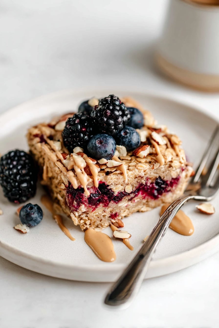 A square slice of oatmeal bar with visible layers of cooked oats mixed with dark red berry filling sits on a white plate, topped with whole blackberries and blueberries. A creamy light brown nut butter is drizzled over the top, along with chopped light brown nuts evenly scattered. A silver fork rests on the right side of the plate on a white marbled surface background. photo taken with an iphone --ar 2:3 --v 7 - Vegan Baked Peanut Butter Oatmeal, healthy vegan breakfast, peanut butter oatmeal bake, plant-based breakfast ideas, energizing morning oats