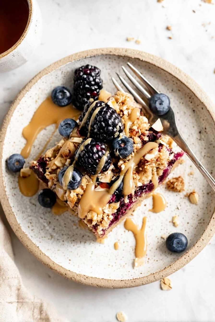 A white speckled plate holds one square piece of a crumbly oat bar with dark purple berry filling inside. The bar is topped with whole blackberries, small blueberries, and crushed nuts, all drizzled with a light brown sauce and golden honey. Some sauce and honey drip onto the white marbled surface around the plate. A silver fork rests on the plate's right edge, and a few blueberries sit beside it on the plate. Photo taken with an iphone --ar 2:3 --v 7 - Vegan Baked Peanut Butter Oatmeal, healthy vegan breakfast, peanut butter oatmeal bake, plant-based breakfast ideas, energizing morning oats