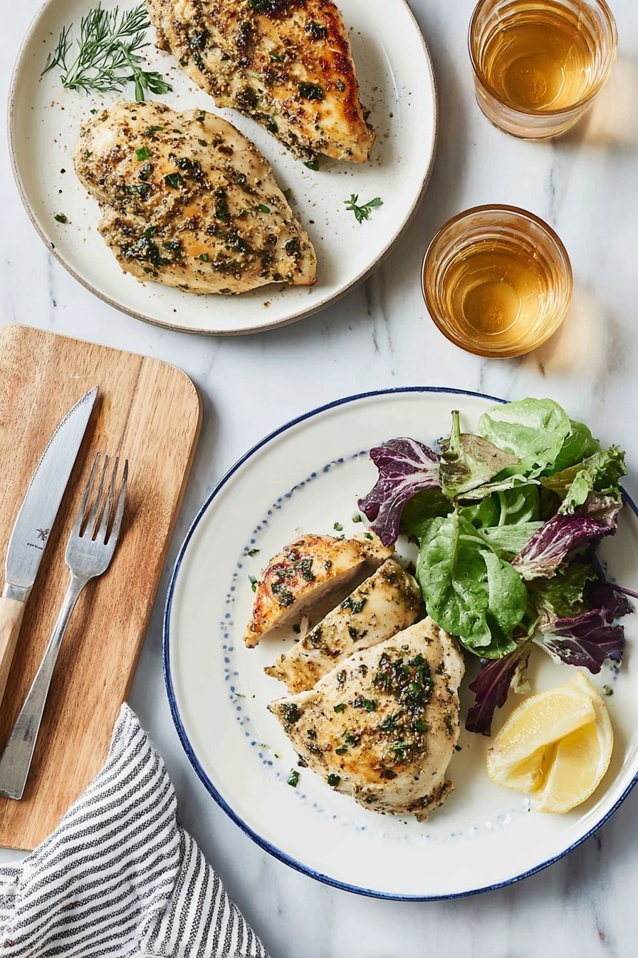 The image shows two white plates on a white marbled surface. The plate on the upper left holds three large, seasoned and cooked pieces of chicken, sprinkled with fresh green herbs, and appears juicy with some browning on the edges. Below it, a second white plate with a blue rim contains one piece of chicken with similar seasoning on the left half, and to the right, a small pile of mixed leafy greens with different shades of green and purple. Two lemon wedges sit at the bottom right of this plate. Next to the plates is a light wooden cutting board with a fork and a knife placed on it, along with two amber-colored glasses filled with a light golden liquid. A woman's hand holding a striped cloth is partially visible on the lower left. The background and surface are white marble. photo taken with an iphone --ar 2:3 --v 7 - Stuffed Chicken Breast with Mushrooms and Goat Cheese, stuffed chicken breast, mushroom stuffed chicken, goat cheese chicken recipe, elegant chicken dinner