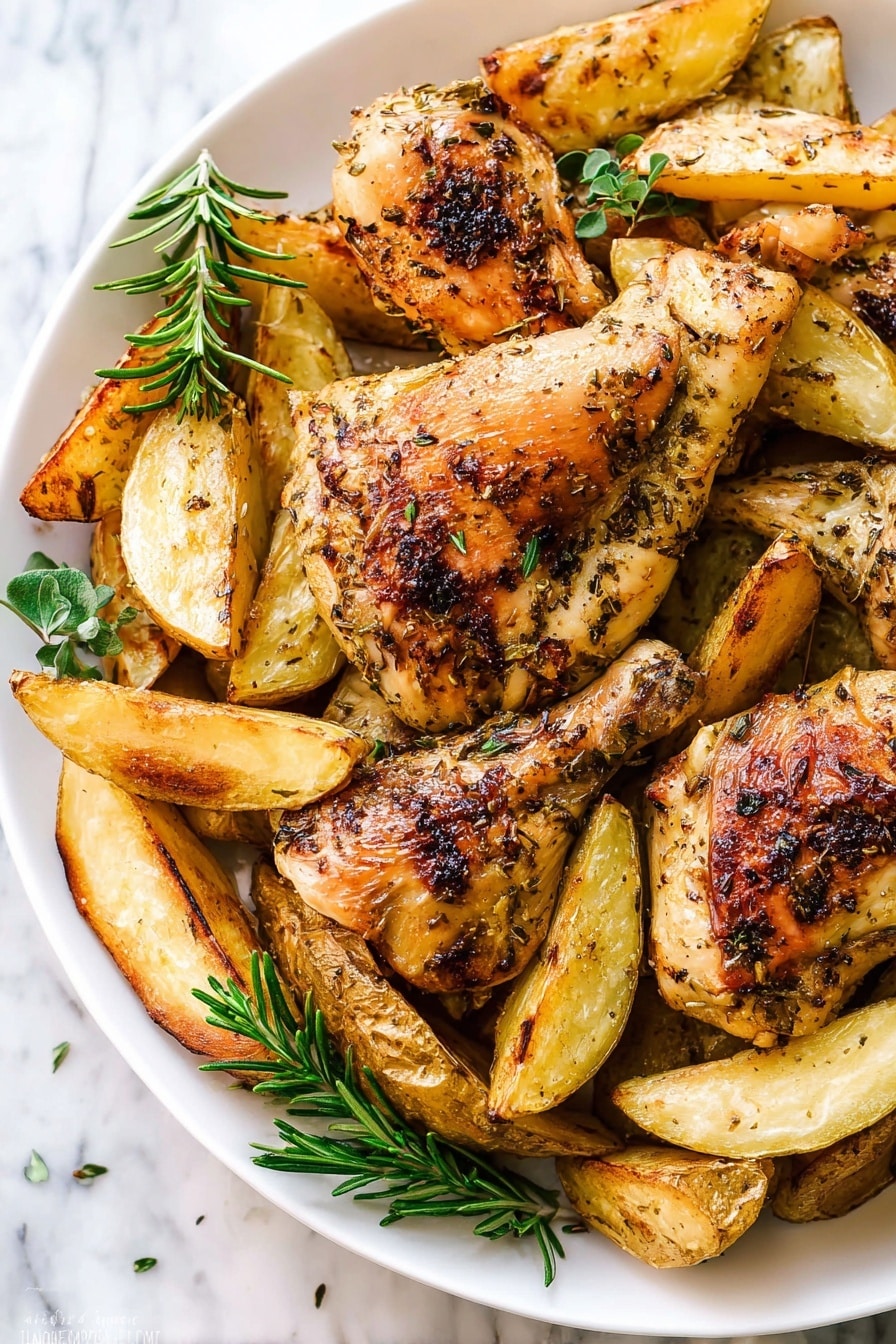 The dish shows a white round plate filled with golden brown roasted chicken pieces and potato wedges. The chicken has a crispy skin with herbs and spices, showing a mix of light and dark brown colors. The potato wedges are golden and slightly crisp with browned edges, scattered around and under the chicken. Small green herb sprigs like rosemary and oregano are placed on top and around the food, adding touches of green. The plate is placed on a white marbled surface. photo taken with an iphone --ar 2:3 --v 7 - Greek Lemon Chicken and Potatoes Roast, Greek Lemon Chicken, Lemon Chicken and Potatoes, Greek Roast Dinner, Easy Greek Chicken Recipe