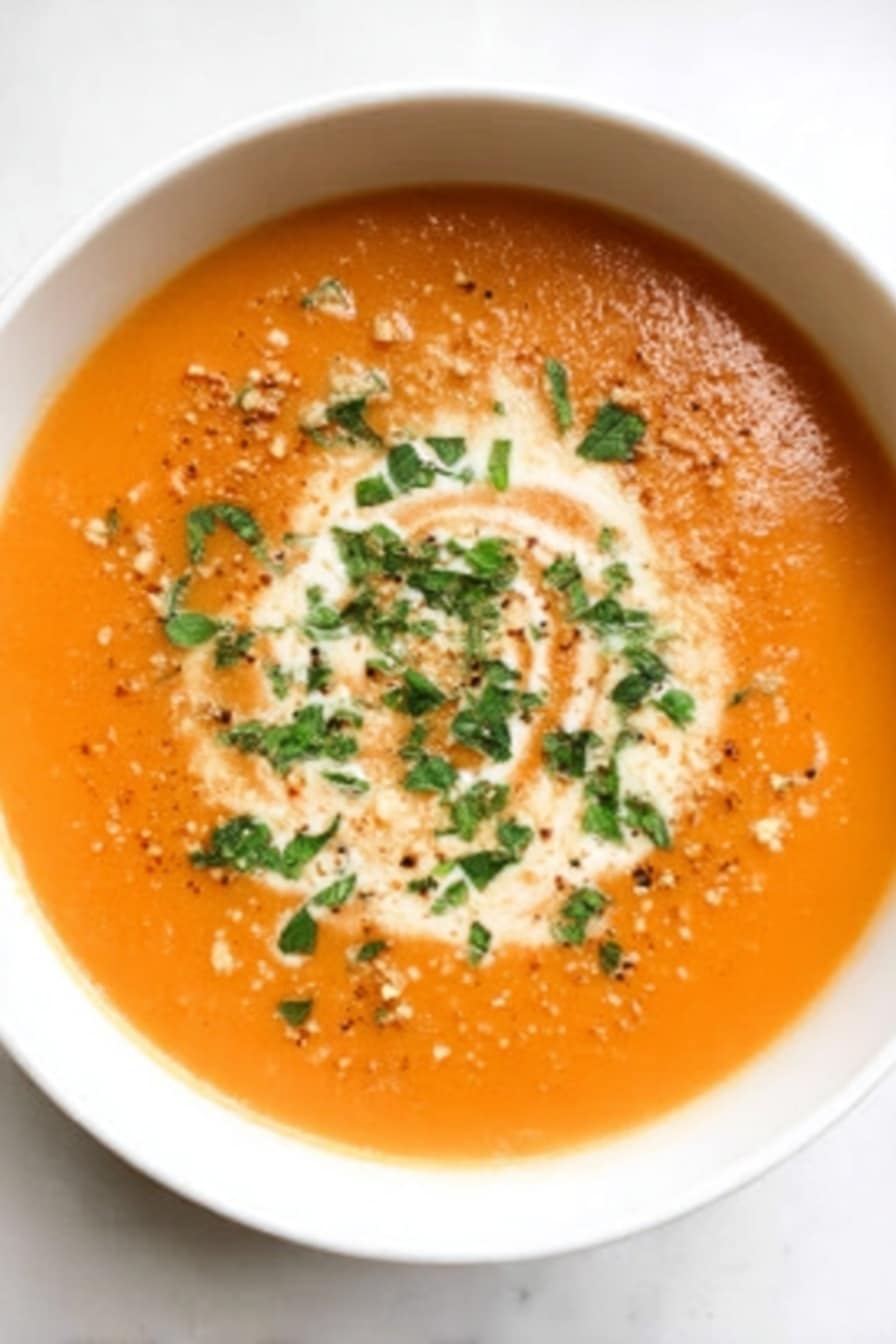 The image shows a white bowl filled with smooth orange soup, topped with a swirl of cream in the center. Around the cream, small green herb leaves are sprinkled evenly, along with a light scattering of crushed nuts or seeds. The soup surface looks creamy and slightly shiny, set on a white marbled background. photo taken with an iphone --ar 2:3 --v 7 - Creamy Tomato Basil Soup with Parmesan, tomato basil soup recipe, homemade tomato soup, creamy vegetable soup, easy comfort food