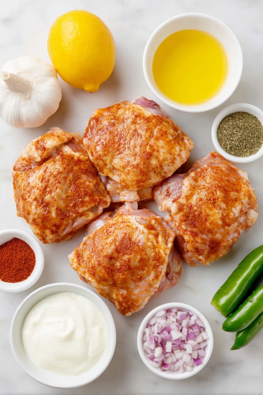 Flat lay of boneless, skinless chicken thighs with a rich reddish spice rub, five whole garlic cloves with smooth white skins, a small white ceramic bowl of golden olive oil, a small white ceramic bowl of fresh lemon juice, a fresh whole lemon with visible zest shavings nearby, a small white ceramic bowl filled with deep red smoked paprika powder, a small white ceramic bowl of dried oregano leaves, a small white ceramic bowl of ground cumin, a small white ceramic bowl of coarse salt, a small white ceramic bowl of bright red cayenne powder, a small white ceramic bowl of cracked black pepper, two whole Persian cucumbers with green skin, a small white ceramic bowl of diced red onions, a small white ceramic bowl of creamy plain Greek yogurt, a small white ceramic bowl of chopped fresh dill, and a small white ceramic bowl of crumbled white feta cheese—all arranged symmetrically on a clean white marble surface, soft natural light, photo taken with an iPhone, professional food photography style, fresh ingredients, white ceramic bowls, no bottles, no duplicates, no utensils, no packaging --ar 2:3 --v 7 --p m7354615311229779997 - Spicy Mediterranean Chicken with Creamy Cucumber Salad, Mediterranean chicken recipes, spicy chicken dinner, healthy cucumber salad, quick summer chicken dish