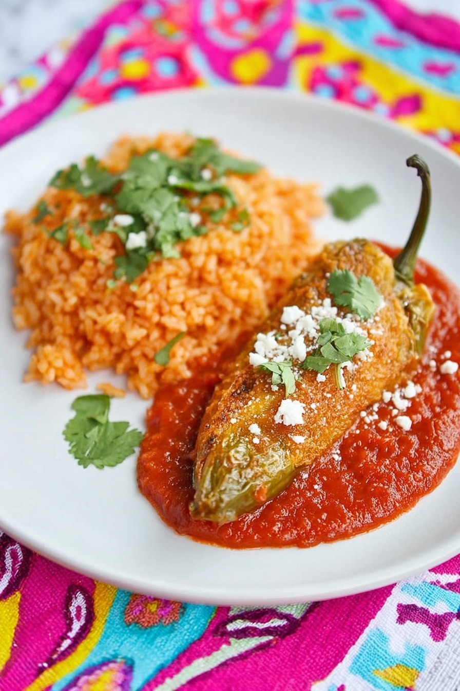 A white round plate on a white marbled surface holds a serving of reddish-orange rice on the left side, topped with fresh green cilantro leaves and small bits of white cheese. To the right of the rice is a golden-brown fried pepper resting on top of a thick, chunky red sauce spread on the plate. The fried pepper has a slightly crispy texture, garnished with scattered white cheese bits and a few cilantro leaves. The plate is placed on a colorful patterned cloth with bright pink, blue, yellow, and green designs. photo taken with an iphone --ar 2:3 --v 7 - Easy Chile Relleno with Smoked Brisket, smoked brisket stuffed peppers, cheesy Chile Relleno with brisket, smoky stuffed poblano peppers, quick Chile Relleno recipe