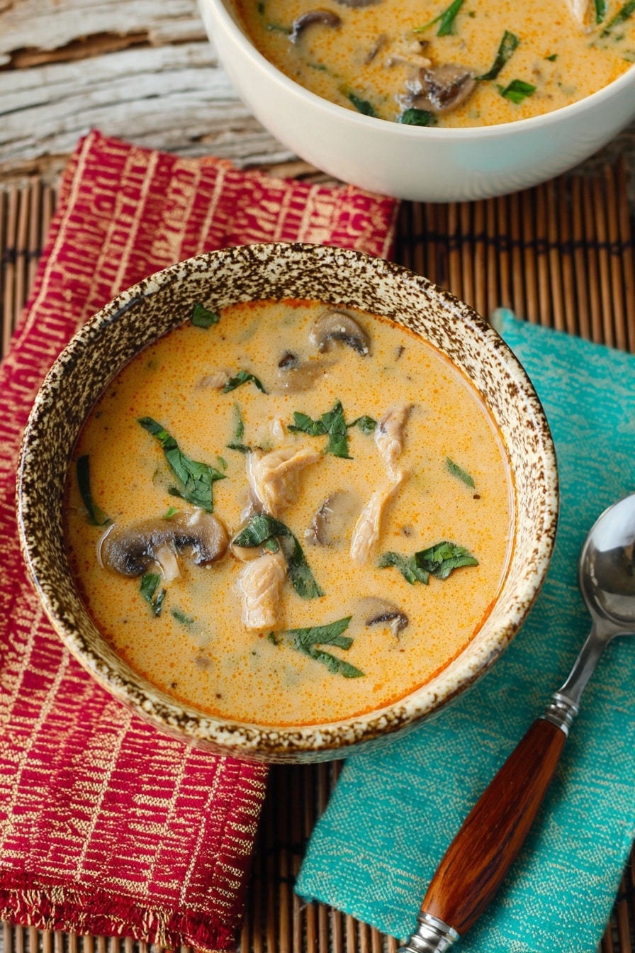 A creamy soup with a light orange color fills a white speckled bowl, dotted with pieces of mushrooms, small chunks of meat, and green herb leaves spread through the broth. The bowl rests on a blue and orange patterned cloth, placed on top of a brown bamboo mat. A spoon with a wooden handle is set on the right side of the bowl. In the top part of the image, there is a white bowl filled with more of the same soup. The surface beneath everything has a white marbled texture. Photo taken with an iphone --ar 2:3 --v 7 - Tom Kha Gai Soup, Thai coconut chicken soup, quick Thai soup, easy Thai soup recipe, 30-minute Thai soup
