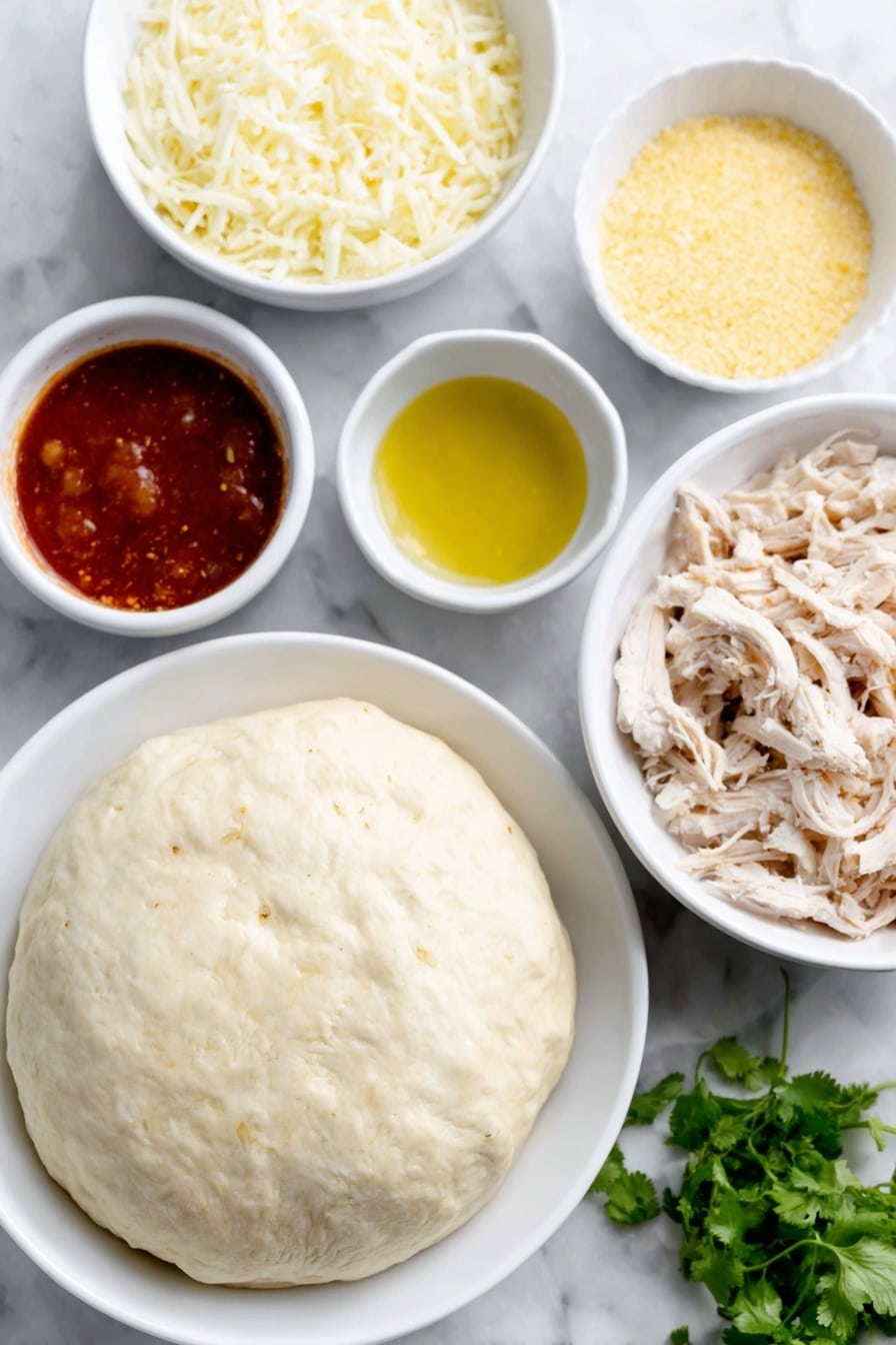 Flat lay of a smooth round disc of raw pizza dough with a folded edge crust, a small white bowl of amber barbecue sauce, a small white bowl of golden olive oil, a small white bowl of bright yellow cornmeal, a white ceramic plate with shredded mozzarella cheese, a white ceramic plate with shredded smoked gouda cheese, a neat pile of shredded cooked chicken breast, a few thin, crescent-shaped slices of deep purple-red onion, and a small bunch of fresh green cilantro sprigs, all arranged symmetrically on a clean white marble surface, soft natural light, photo taken with an iPhone, professional food photography style, fresh ingredients, white ceramic bowls, no bottles, no duplicates, no utensils, no packaging --ar 2:3 --v 7 --p m7354615311229779997 - BBQ Chicken Pizza with Smoked Gouda, BBQ Chicken Pizza, smoky Gouda pizza, homemade BBQ chicken pizza, easy BBQ pizza recipe