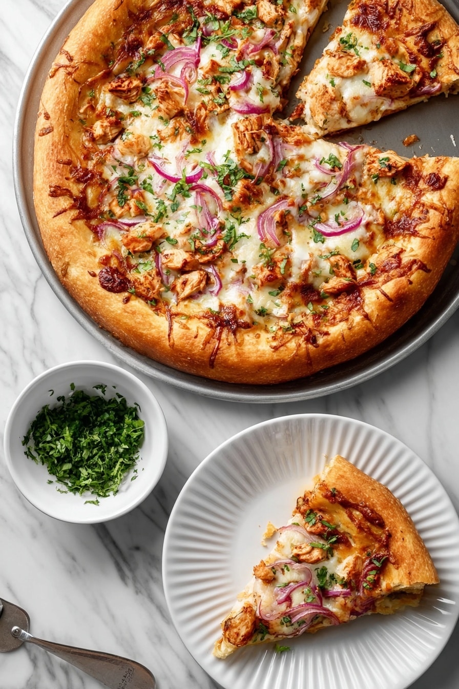 A pizza with a thick golden crust sits on a pizza pan, topped with melted white cheese, pieces of cooked chicken in a reddish sauce, thin purple onion slices, and sprinkled green herbs. One slice is taken out, and that slice is placed on a white plate with ridged edges nearby. Below the plate is a small bowl of chopped green herbs, all set on a white marbled surface. Photo taken with an iphone --ar 2:3 --v 7 - BBQ Chicken Pizza with Smoked Gouda, BBQ Chicken Pizza, smoky Gouda pizza, homemade BBQ chicken pizza, easy BBQ pizza recipe
