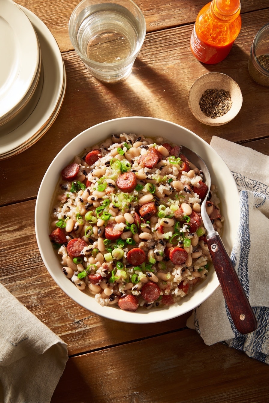 A large white bowl holds a mixture of cooked rice, white beans with black spots, and small pieces of reddish-brown sausage, all topped with chopped green onions. A fork with a dark wooden handle rests inside the bowl on the right side. The bowl is set on a wooden table near a clear glass of water, an orange bottle of hot sauce next to a small open container of seasoning, and a white and gray striped cloth napkin on the right edge. On the left side, two stacked white plates are partially visible. The overall scene is warm and inviting, with a cozy, rustic feel. photo taken with an iphone --ar 2:3 --v 7 - Hoppin John, Southern black-eyed peas dish, easy Hoppin John, comforting soul food, New Year's traditional meal