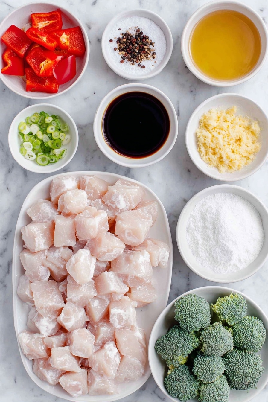 Flat lay of fresh raw chicken breasts cut into cubes, a small pile of coarse sea salt, a few twists of whole black peppercorns, a small white ceramic bowl of golden toasted sesame oil, minced fresh garlic cloves, freshly grated ginger root, chopped white parts of green onions arranged neatly, a small white bowl filled with dark soy sauce, a small white bowl holding light chicken broth, a small white bowl of clear rice vinegar, a small white bowl of golden honey, a small white bowl with white cornstarch powder, a small white bowl of clear water, a bright red bell pepper cut into chunks, and vibrant green broccoli florets all arranged symmetrically, placed on a clean white marble surface, soft natural light, photo taken with an iPhone, professional food photography style, fresh ingredients, white ceramic bowls, no bottles, no duplicates, no utensils, no packaging --ar 2:3 --v 7 --p m7354615311229779997 - Healthy Teriyaki Chicken Bowl, easy healthy chicken bowls, quick nutritious dinner, flavorful chicken and veggie bowls, homemade teriyaki chicken dish