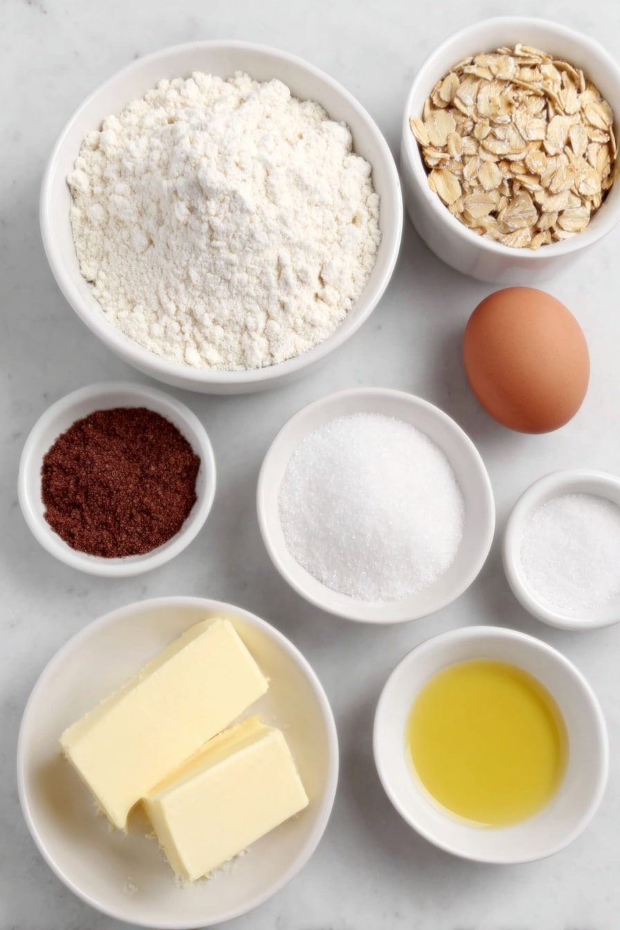 Flat lay of a small pile of all-purpose flour in a simple white ceramic bowl, a small white bowl filled with quick oats, a tiny white bowl containing ground cinnamon, a white ceramic bowl with soft unsalted butter, a few brown sugar crystals and granulated sugar grains displayed side by side in small white bowls, one whole uncracked brown egg, a small white bowl with golden vanilla extract, a pinch of salt in a tiny white bowl, and a small white bowl holding a mixture of ground cinnamon and granulated sugar, all arranged in perfect symmetry on a clean white marble surface, soft natural light, photo taken with an iPhone, professional food photography style, fresh ingredients, white ceramic bowls, no bottles, no duplicates, no utensils, no packaging --ar 2:3 --v 7 --p m7354615311229779997 - Oatmeal Snickerdoodle Cookies, oatmeal cookie recipes, cinnamon sugar cookies, chewy oatmeal cookies, easy snickerdoodle cookies