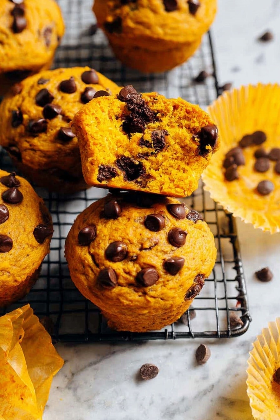 The image shows several pumpkin muffins with chocolate chips on a metal cooling rack over a white marbled surface. The muffins are a bright orange color with dark brown chocolate chips scattered on top and inside. One muffin is broken in half on top of another, showing its soft, moist inside filled with melted chocolate chips. Around the muffins, there are crumpled yellow muffin liners. The colors are warm and inviting, with the orange muffins standing out against the black metal rack and white marbled surface. photo taken with an iphone --ar 2:3 --v 7 - Pumpkin Chocolate Chip Muffins, Pumpkin Muffins with Chocolate Chips, Easy Pumpkin Muffin Recipe, Moist Pumpkin Muffins, Fall Baking Recipes