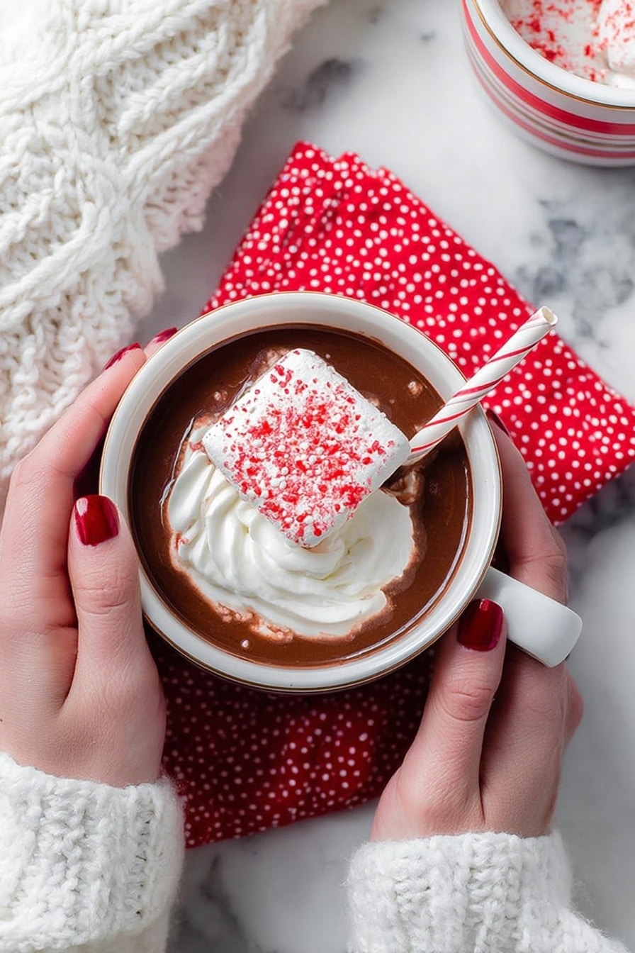 A white cup filled with dark brown hot chocolate sits on a folded red cloth with white dots, all placed on a white marbled texture. The hot chocolate is topped with a large swirl of white whipped cream that spreads out slightly on the surface, with a big square of white marshmallow covered in red sprinkles resting on top. A white and red striped straw is stuck into the whipped cream near the marshmallow. A woman's hands with red nail polish gently hold the cup from the sides. In the top right corner, part of another white cup with a red rim and a similar striped straw is visible. A white knitted fabric is draped loosely on the left side photo taken with an iphone --ar 2:3 --v 7 - Peppermint Hot Chocolate, festive hot chocolate, easy peppermint drinks, winter warmers, creamy hot chocolate recipe