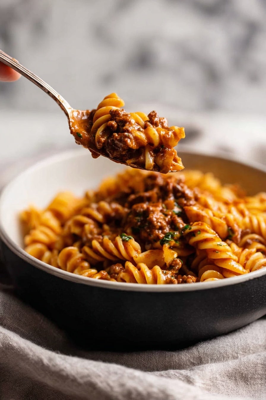 A close-up view shows spiral pasta mixed with a thick, rich brown sauce that includes small pieces of ground meat, all held on a spoon lifting from a two-layer bowl with a dark top half and a white bottom half. The pasta is covered fully by the sauce, which looks creamy and dense, with some green herb bits scattered inside. The bowl sits on a soft light gray cloth with a blurred white marbled texture in the background. A woman's hand holds the spoon from the left side, drawing the pasta up. photo taken with an iphone --ar 2:3 --v 7 - Creamy Tomato Beef Pasta, creamy beef pasta recipe, easy beef pasta dinner, quick one-pot pasta, hearty tomato beef pasta