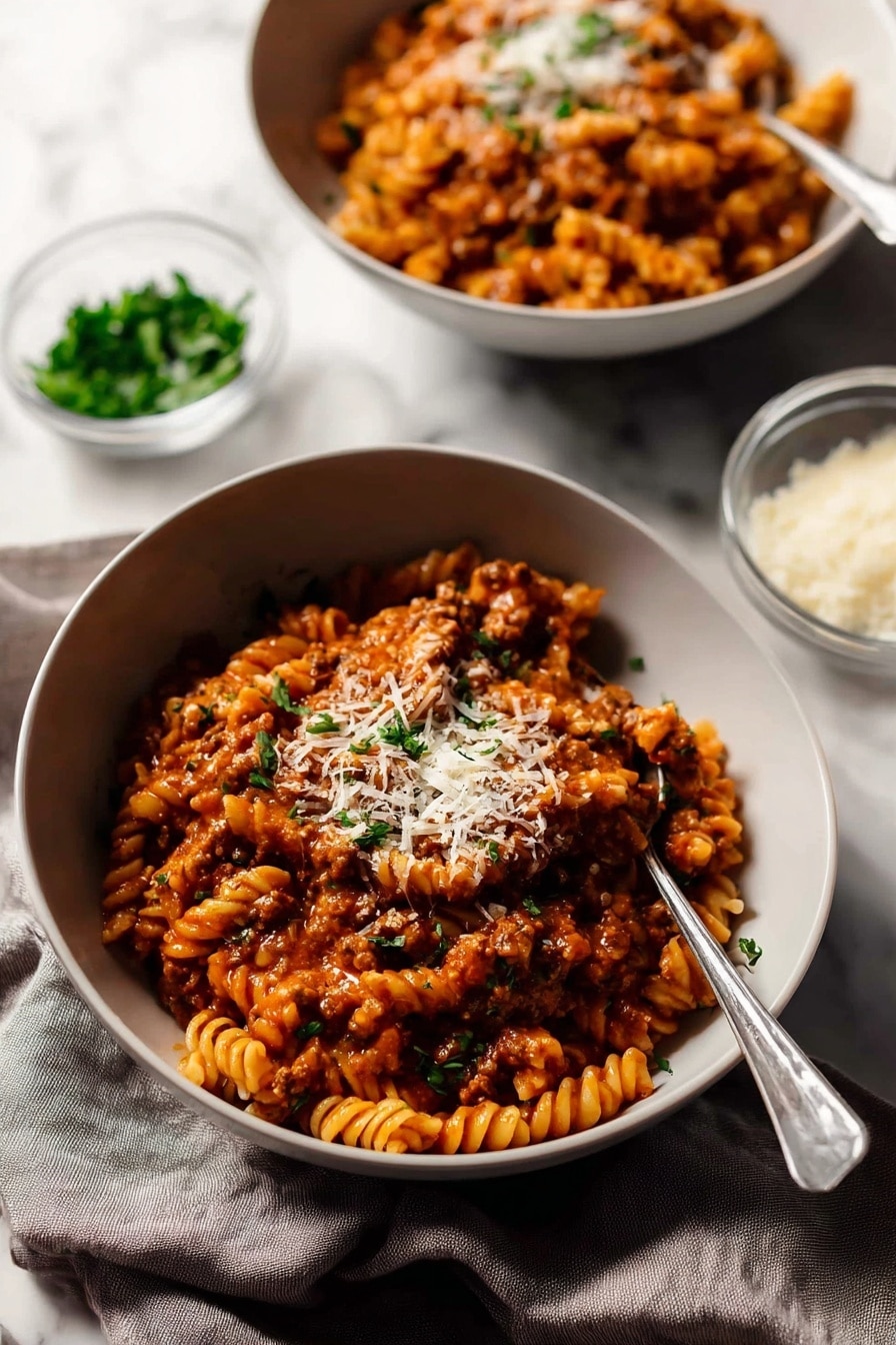 Two white bowls filled with spiral pasta mixed with a thick reddish-brown meat sauce are placed on a soft light grey cloth over a white marbled surface. Each bowl has the pasta piled in about three layers, with a dusting of white grated cheese and small green herb pieces on top. A silver spoon is placed inside each bowl, leaning on the side. In the background, there is a small white bowl of grated cheese and a clear bowl with chopped herbs. The lighting is soft and warm, highlighting the texture of the pasta and sauce. photo taken with an iphone --ar 2:3 --v 7 - Creamy Tomato Beef Pasta, creamy beef pasta recipe, easy beef pasta dinner, quick one-pot pasta, hearty tomato beef pasta