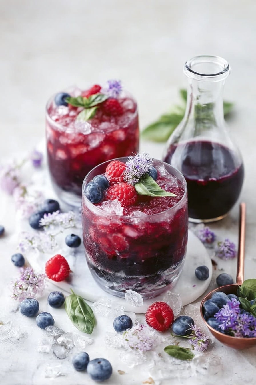 Two clear glasses filled with a dark purple drink layered with crushed ice fill most of the glass, topped with fresh red raspberries and blue blueberries, green basil leaves, and small light purple flowers on top. Behind the glasses is a small clear glass jug containing the same dark purple liquid. Scattered around on a white marbled surface are loose red raspberries, blue blueberries, light purple flowers, and crushed ice. A long copper spoon with some dark berries rests next to the jug. Photo taken with an iphone --ar 2:3 --v 7 - Honey Berry Kombucha Smash, refreshing kombucha drinks, fruity summer beverages, non-alcoholic cocktail ideas, sparkling berry drinks