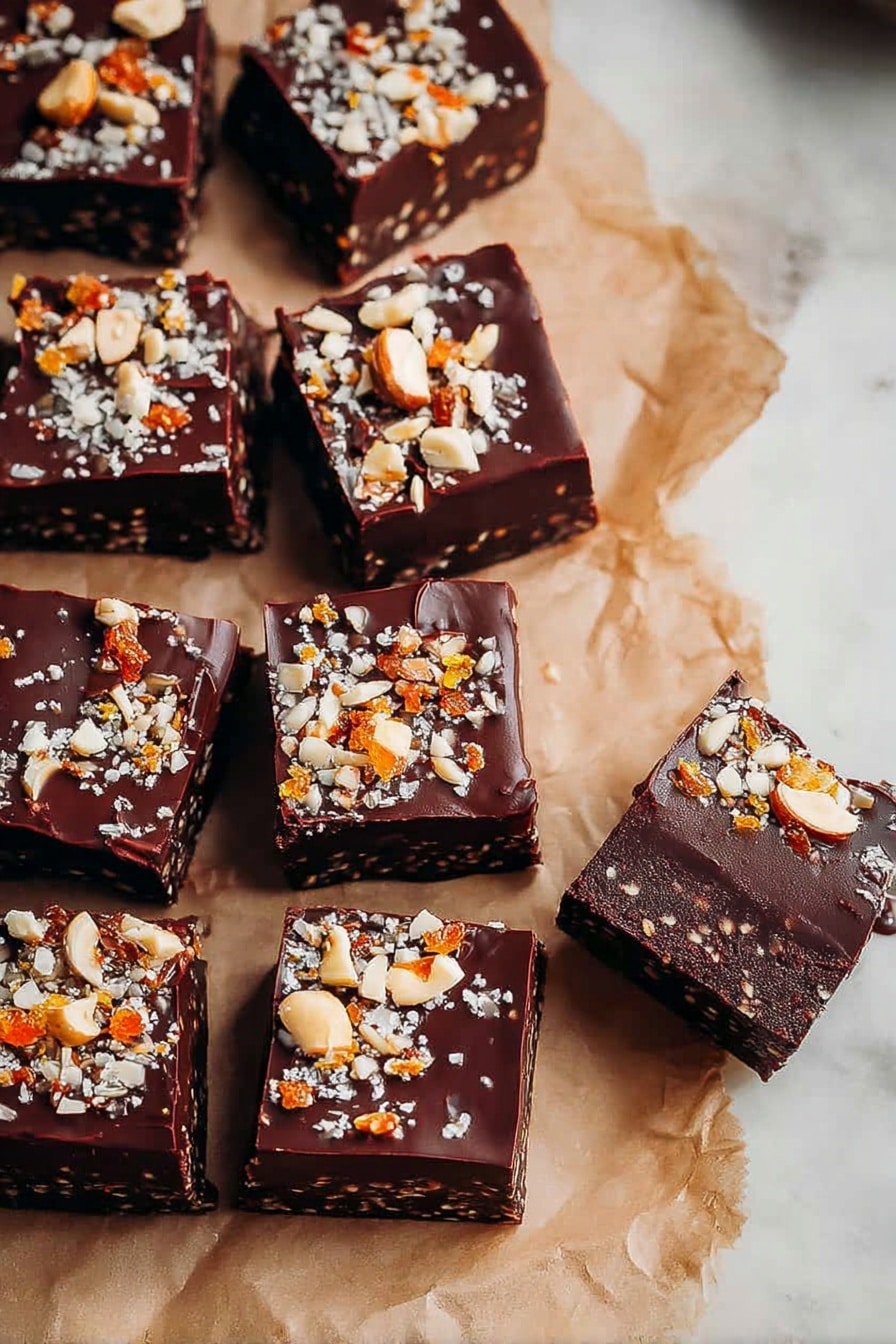 There are nine square chocolate bars placed on a piece of parchment paper over a white marbled surface. Each bar has two layers: a dark brown bottom layer with a textured mix of small bits and a smooth, shiny chocolate top layer. The top layer is decorated with rough pieces of nuts in white and orange colors, sprinkled unevenly over the chocolate. One bar is slightly lifted and showing the side, revealing the dark crunchy base and the glossy top. The photo taken with an iphone --ar 2:3 --v 7 - Healthy No Bake Superfood Brownie Bites, healthy brownie bites, no bake superfood treats, chocolate healthy snacks, easy healthy dessert recipes