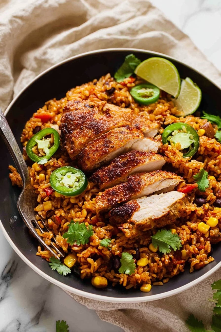 A white plate filled with a single large layer of seasoned rice mixed with red bell pepper pieces, corn kernels, and black beans, creating a colorful base of orange, yellow, red, and black. On top, three thick slices of browned cooked chicken arranged side by side, showing both crispy skin and tender inside. Several slices of jalapeño peppers and fresh green cilantro leaves scattered over the chicken and rice. Three lime wedges rest at the back edge of the plate adding a bright green contrast. A silver fork is placed on the rice to the left side. The plate sits on a white marbled surface with a soft beige cloth slightly draped around it. photo taken with an iphone --ar 2:3 --v 7 - One-Pot Mexican Chicken and Rice, Mexican Chicken and Rice, One-Pot Chicken and Rice, Easy Mexican Chicken dinner, Simple Mexican chicken recipe