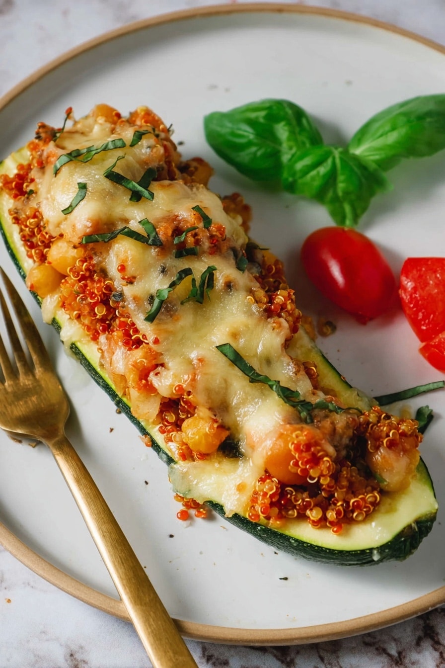 A white plate with a single zucchini half filled with three layers: bottom layer of light green soft zucchini flesh, middle layer of chunky reddish-orange quinoa and chickpea mix, topped with a layer of melted light golden cheese sprinkled with small green basil leaves. On the side near the top left are two bright red cherry tomato halves, and to the right side are fresh dark green basil leaves. A gold fork rests to the left of the zucchini on the plate, which sits on a white marbled surface. photo taken with an iphone --ar 2:3 --v 7 - Tuscan Quinoa Stuffed Zucchini Boats, healthy zucchini boat recipes, Mediterranean stuffed zucchini, vegan quinoa zucchini boats, easy weeknight zucchini dishes