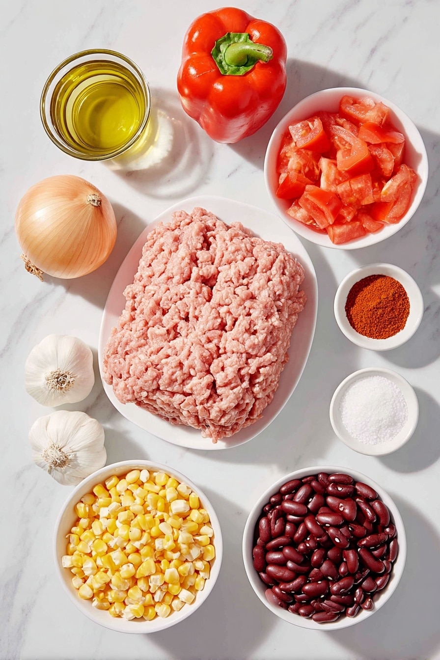 Flat lay of a small white ceramic bowl of golden olive oil, a whole yellow onion with papery skin, three whole uncracked garlic cloves, a medium red bell pepper with glossy skin, a mound of fresh lean ground turkey meat, a small white ceramic bowl filled with bright red chili powder, a small white ceramic bowl of fine ground cumin powder, a small white ceramic bowl of dried oregano flakes, a small white ceramic bowl with vibrant red cayenne pepper powder, a small white ceramic bowl of coarse salt, a simple white ceramic bowl holding diced fresh red tomatoes, a small white ceramic bowl filled with clear chicken broth, a small white ceramic bowl containing glossy dark red kidney beans, a small white ceramic bowl with fresh yellow corn kernels placed on a clean white marble surface, soft natural light, photo taken with an iPhone, professional food photography style, fresh ingredients, white ceramic bowls, no bottles, no duplicates, no utensils, no packaging --ar 2:3 --v 7 --p m7354615311229779997 - Healthy Ground Turkey Chili, healthy chili recipe, turkey chili, nutritious chili, easy healthy dinner