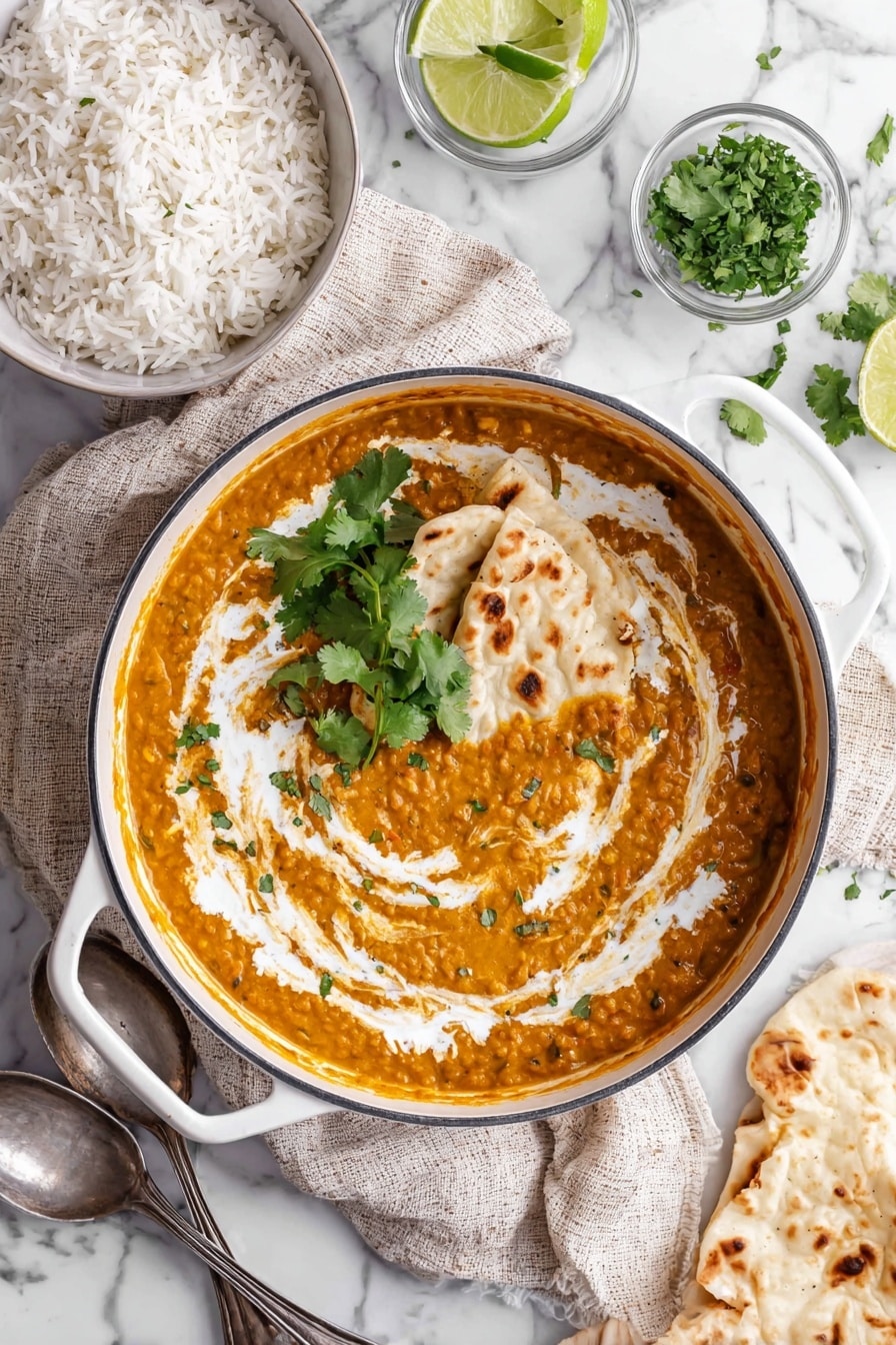 The image shows a white pot filled with a thick orange lentil curry, swirled with light white cream on top. On the left side inside the pot, there are three pieces of white naan bread resting on the curry. A small bunch of green cilantro leaves is placed on the right side on top of the curry. The pot sits on a light beige cloth on a white marbled surface. Nearby, there is a white bowl filled with white rice in the top left corner, two silver spoons on the cloth below the pot, a small glass bowl with green cilantro leaves, and another glass bowl with lime wedges at the lower right corner. A piece of white naan bread is also placed on the white marbled surface to the right of the pot. photo taken with an iphone --ar 2:3 --v 7 - Vegan Red Lentil Curry, plant-based lentil curry, healthy vegan curry, easy vegan dinner, flavorful lentil stew