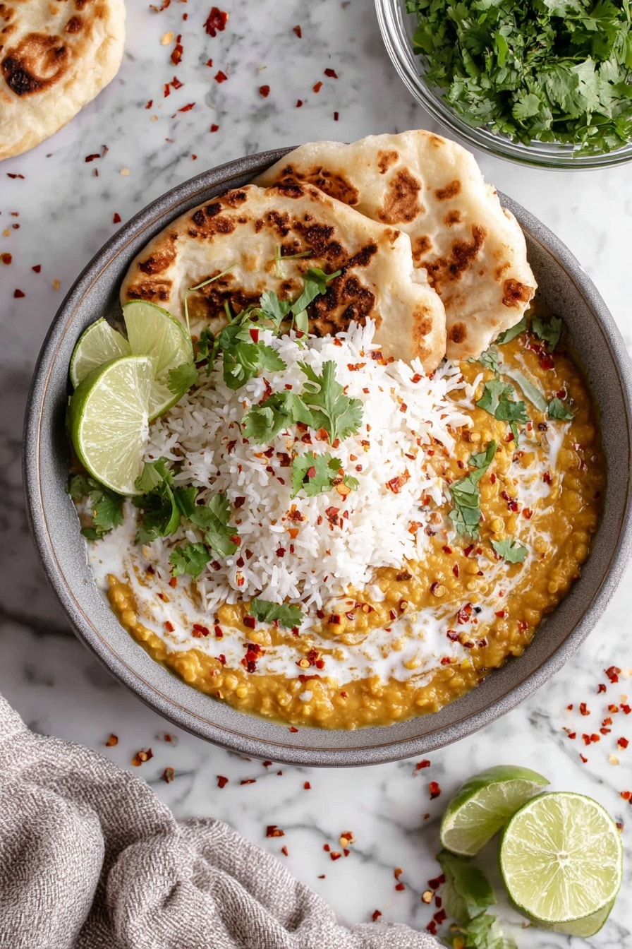 A gray bowl holds three main layers: the bottom layer is yellow lentil curry with a thick texture, topped with a white drizzle of coconut milk spreading unevenly on one side; over this is a mound of white, fluffy basmati rice sprinkled lightly with red chili flakes; fresh green cilantro leaves sit on top of the rice. On the side inside the bowl are two lime wedges with light green skin and pale juicy flesh, and two folded pieces of toasted white naan bread with golden brown spots. The bowl sits on a white marbled surface with some scattered red chili flakes around it. Nearby, there is a small clear glass bowl filled with fresh cilantro and another with lime wedges. photo taken with an iphone --ar 2:3 --v 7 - Vegan Red Lentil Curry, plant-based lentil curry, healthy vegan curry, easy vegan dinner, flavorful lentil stew