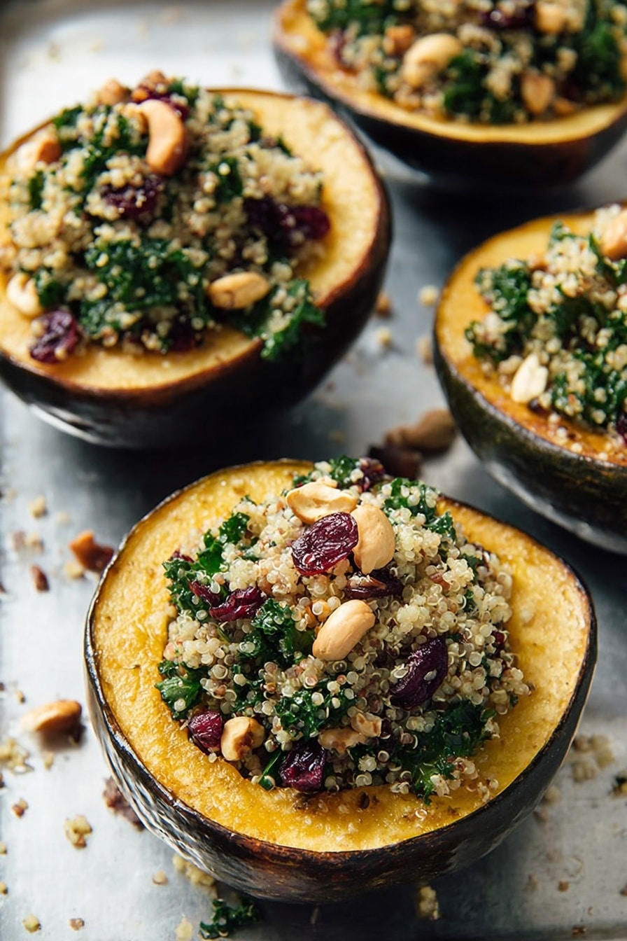 The image shows four hollowed-out acorn squash halves, each filled with a textured mixture of quinoa, chopped kale, dried cranberries, and cashew nuts. The acorn squash has a dark green and brown skin with a soft yellow-orange interior that looks tender and cooked. The filling is piled high in each squash half, with the quinoa appearing light and fluffy, the kale dark green and leafy, the cranberries deep red, and the cashews light brown and crunchy. The squash halves are placed on a slightly shiny metal surface with some scattered bits of filling around them, creating a natural and fresh look. photo taken with an iphone --ar 2:3 --v 7 - Quinoa Stuffed Acorn Squash, healthy stuffed acorn squash, fall vegetable recipes, nutritious vegan dinner ideas, cozy squash recipes