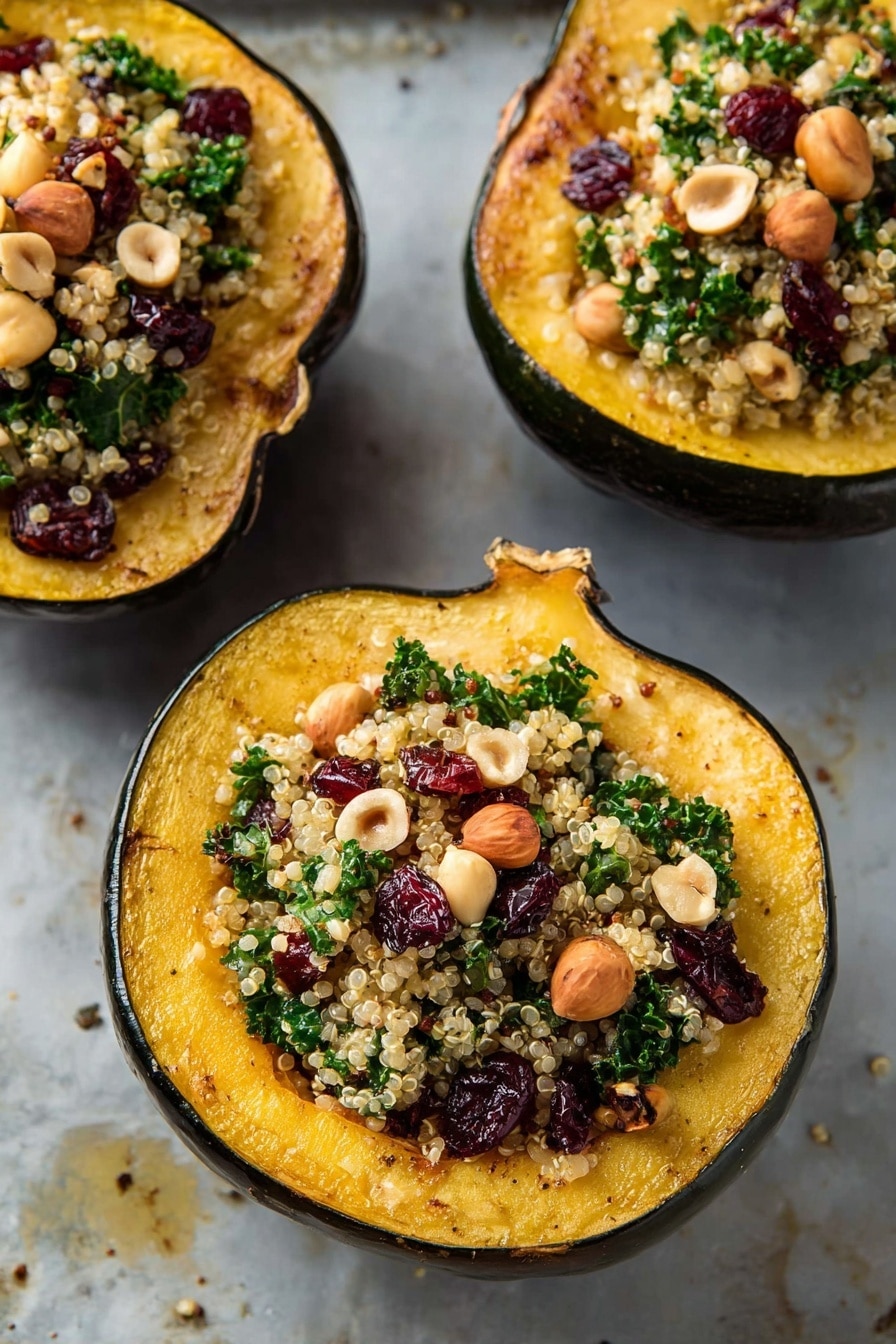 The image shows three halves of roasted acorn squash with a smooth, golden-yellow interior and dark green edges. Each half is filled with a layered mixture of fluffy white quinoa, bright green curly kale, deep red dried cranberries, and light brown whole hazelnuts scattered on top. The squash rests on a light gray metal surface with a few small spots of liquid around it. The overall look is fresh, colorful, and wholesome. photo taken with an iphone --ar 2:3 --v 7 - Quinoa Stuffed Acorn Squash, healthy stuffed acorn squash, fall vegetable recipes, nutritious vegan dinner ideas, cozy squash recipes