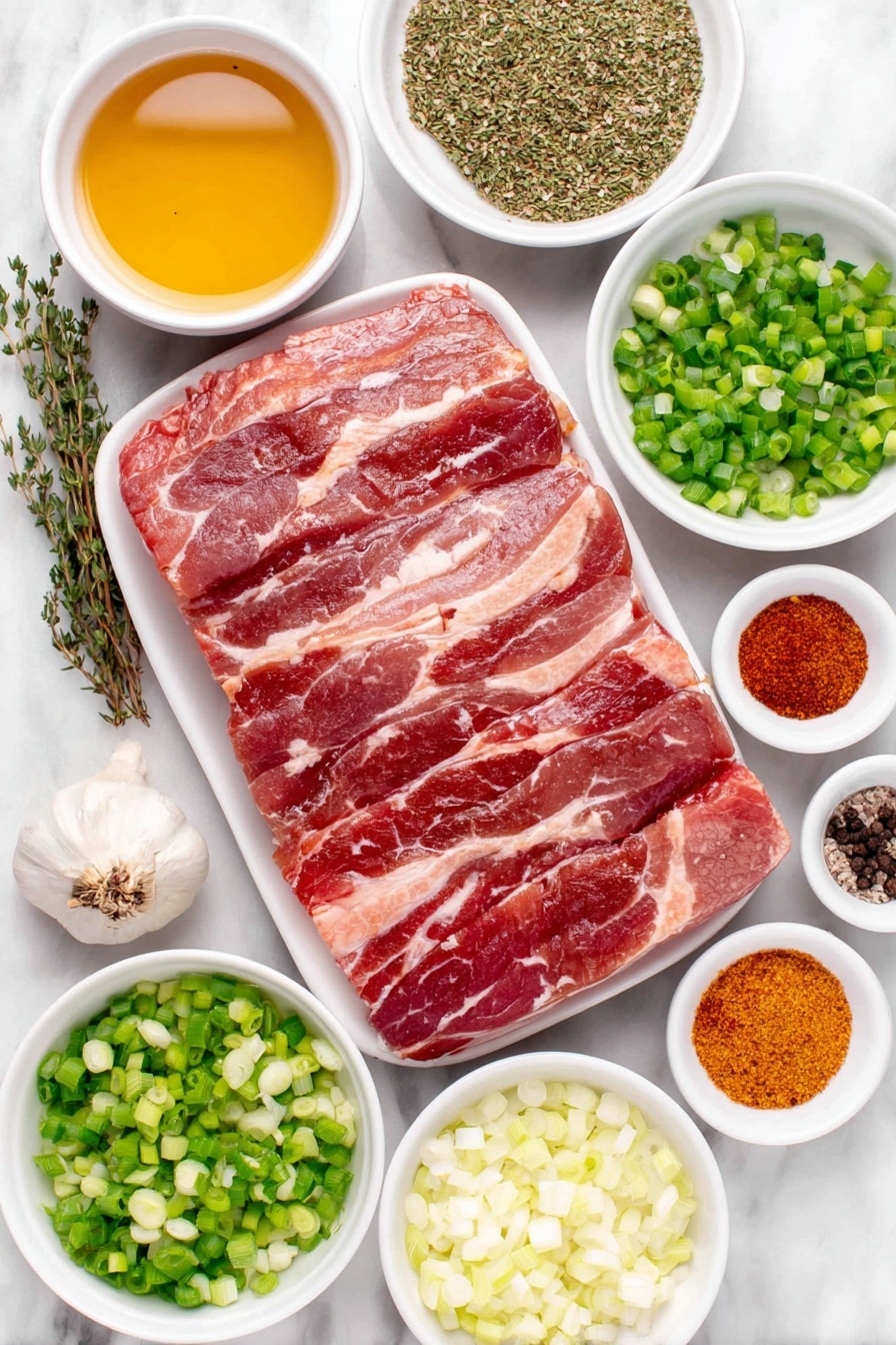 Flat lay of thick-cut chopped bacon, sliced celery stalks, chopped yellow onion, finely chopped green bell pepper, chopped garlic cloves, a small sprig of fresh thyme, whole black peppercorns, dried cayenne pepper powder, kosher salt crystals, a small white bowl of chicken broth, fresh black-eyed peas, a small white bowl of olive oil, uncooked Carolina Gold rice, and sliced fresh scallions arranged in simple white ceramic bowls and plates symmetrically, placed on a clean white marble surface, soft natural light, photo taken with an iPhone, professional food photography style, fresh ingredients, white ceramic bowls, no bottles, no duplicates, no utensils, no packaging --ar 2:3 --v 7 --p m7354615311229779997 - Hoppin John, Southern black-eyed peas dish, easy Hoppin John, comforting soul food, New Year's traditional meal