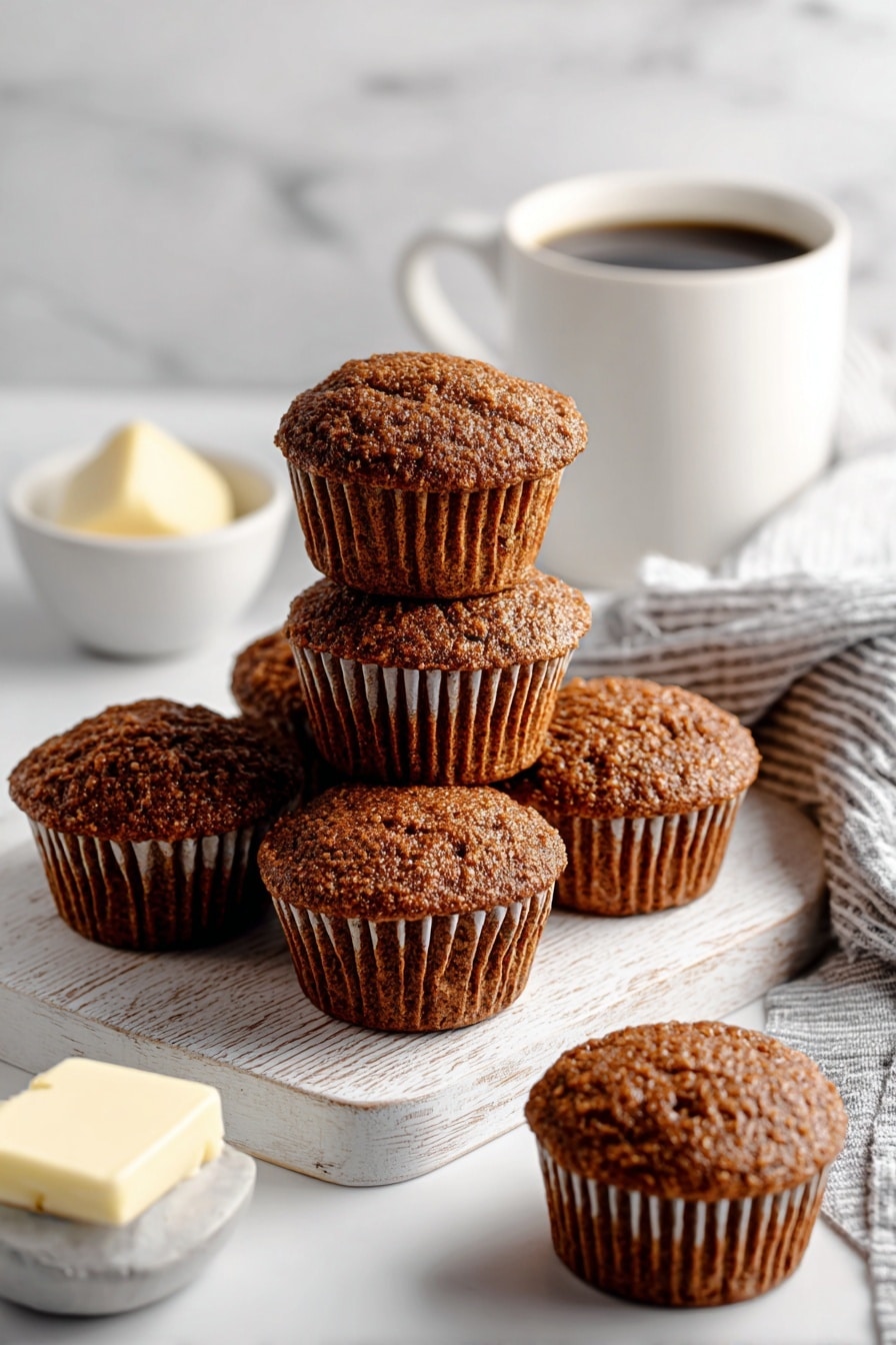 The image shows seven brown muffins with a rough, crackled top texture, arranged on a white wooden board placed on a white marbled surface. Three muffins are stacked in the center, one on top of the other. Around the board, there are four more muffins lying flat. To the right in the background, there is a white cup filled with dark coffee. In the front left corner, a white bowl contains a pat of butter. A gray and white striped cloth is partly visible on the right side. The scene is bright and clear, with a soft light from the left side. Photo taken with an iphone --ar 2:3 --v 7 - Healthy Bran Muffins with Whole Grains, nutritious breakfast muffins, fiber-rich muffin recipes, homemade healthy muffins, easy whole grain baking