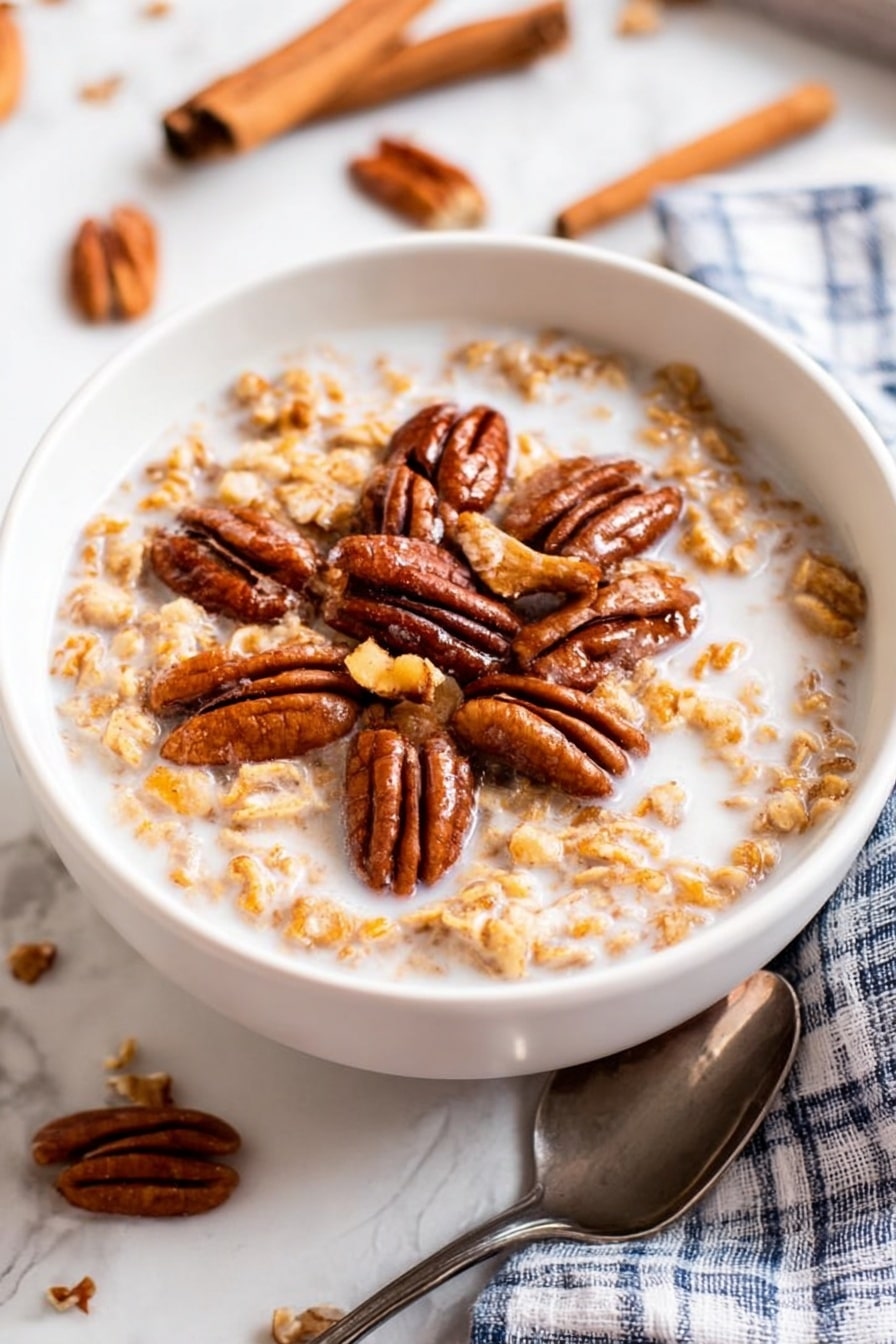 A white bowl filled with two main layers: the bottom layer is a creamy orange oatmeal with a rich texture, and the top layer has whole brown pecans scattered evenly across the surface, some slightly soaked in the oatmeal. The bowl is placed on a white marbled background with a few pecans and two cinnamon sticks nearby. To the right, there is a silver spoon holding a single pecan, resting on a blue and white striped cloth. photo taken with an iphone --ar 2:3 --v 7 - Creamy Pumpkin Oatmeal with Warm Spices, pumpkin oatmeal recipe, cozy fall breakfast, healthy pumpkin oatmeal, easy breakfast with pumpkin