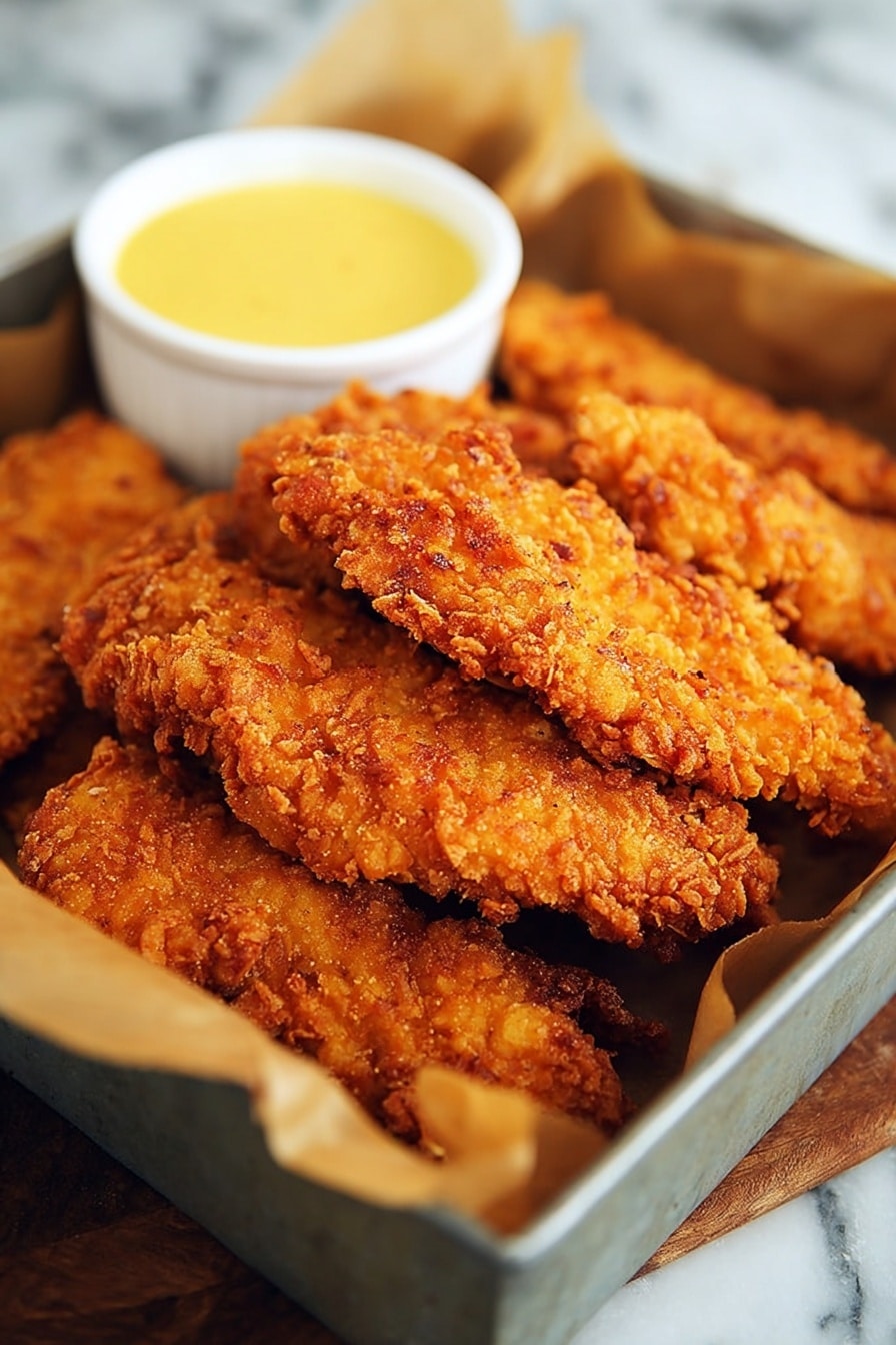 Several golden brown crispy fried chicken strips are stacked in a gray metal tray lined with tan parchment paper. The chicken strips have a rough, crunchy texture with a deep orange color. To the left side inside the tray, there is a small white bowl filled with yellow dipping sauce. The background is a white marbled texture. photo taken with an iphone --ar 2:3 --v 7 - Crispy Saltine Chicken Tenders, crispy chicken tenders, saltine cracker chicken, easy chicken tenders recipe, crunchy chicken tenders